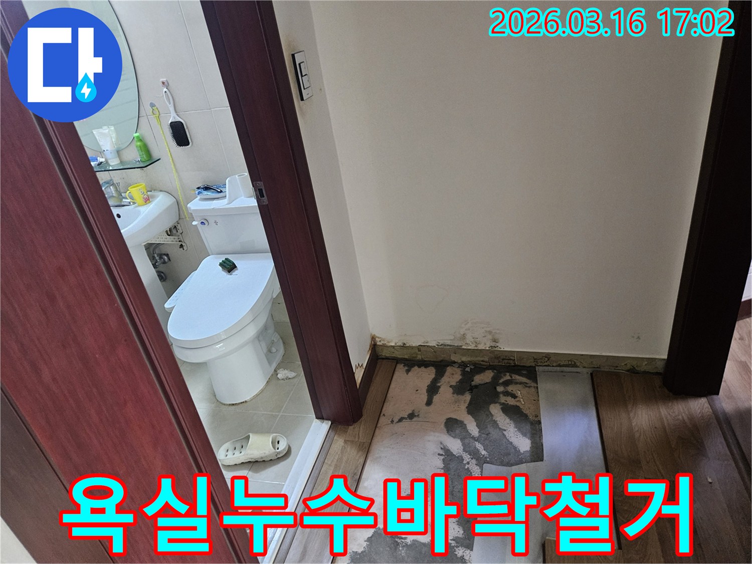 화성 병점 지역-아파트 욕실 문 앞-누수로 인해-바닥 마루가 철거되고-콘크리트 바닥과-벽면 곰팡이가-드러난-현장 사진