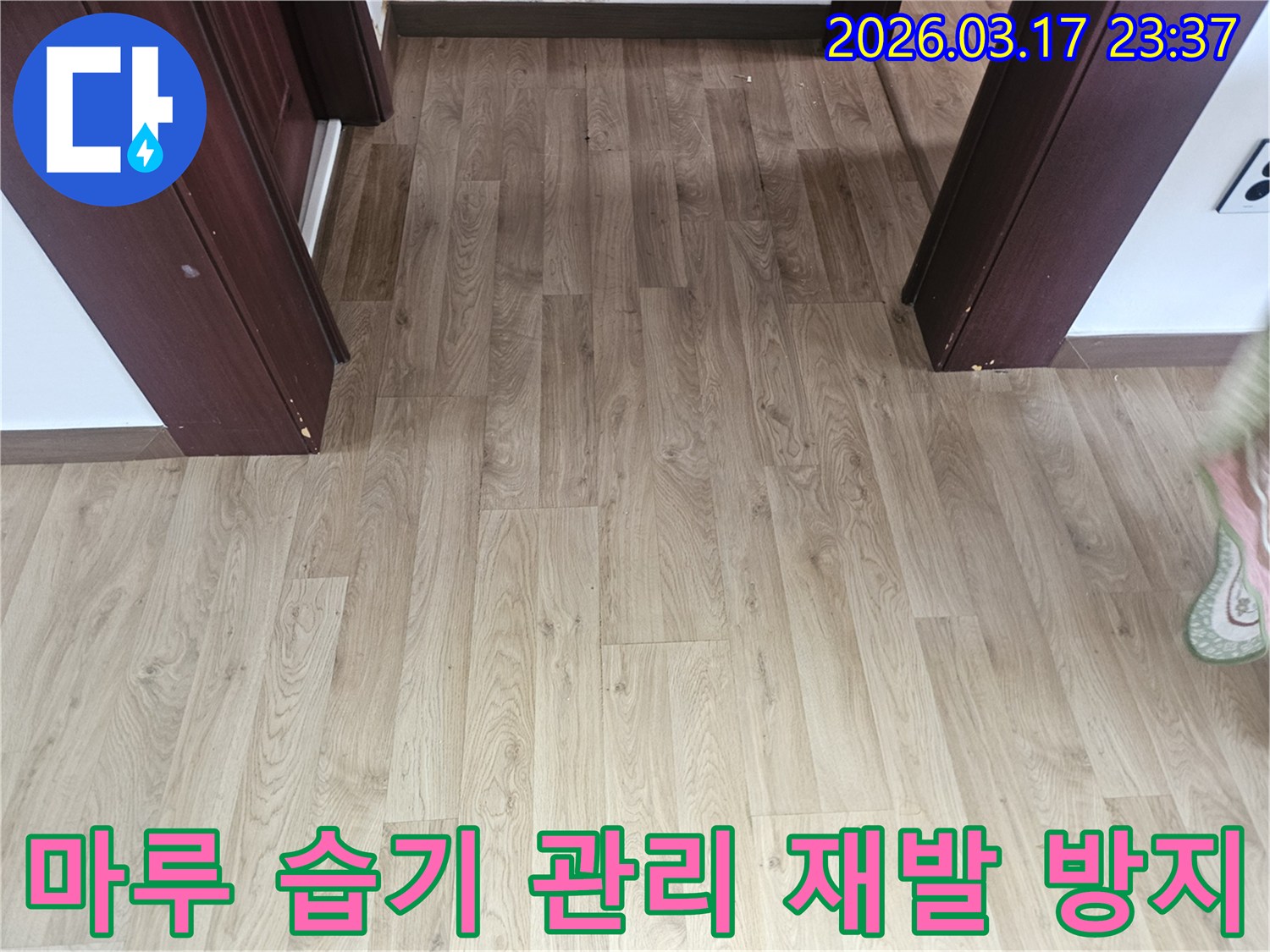 누수 발생 후-바닥 마루의 습기를 관리하고-장기적인 유지보수를 위한-점검 과정을 보여주는 사진입니다.