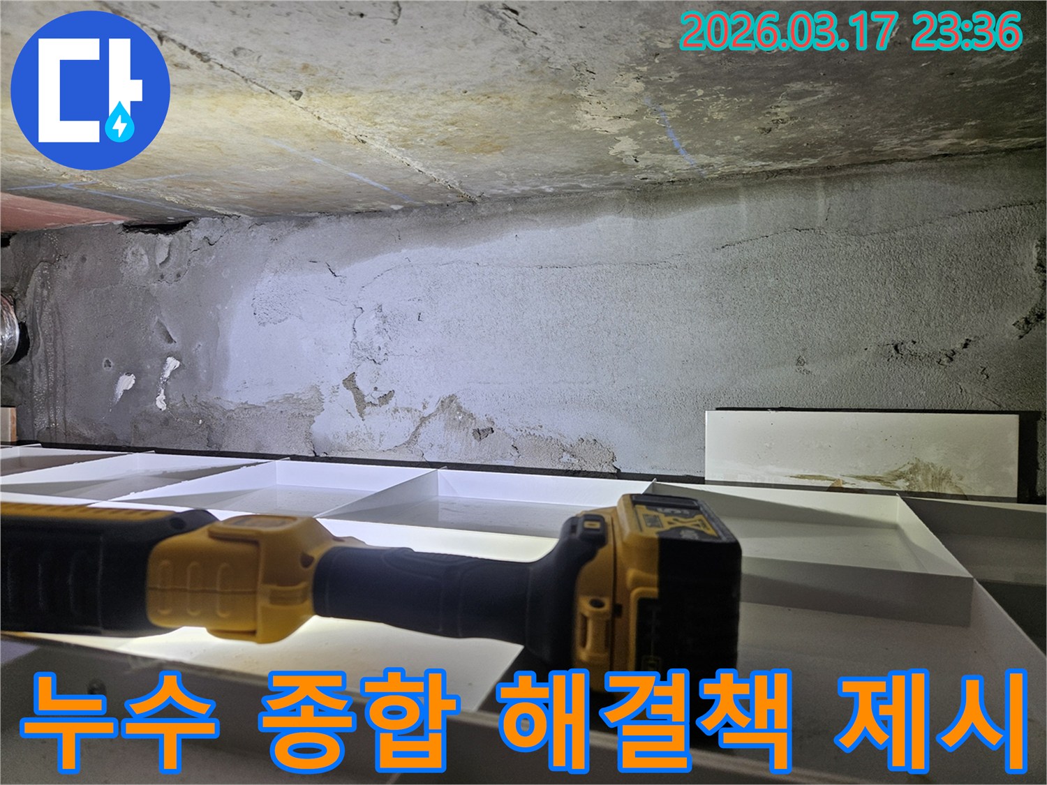 누수 전문 엔지니어가-천장 누수 문제에 대한-종합적인 해결책을 제시하기 위해-플래시로 정밀 진단을 진행하고 있습니다.