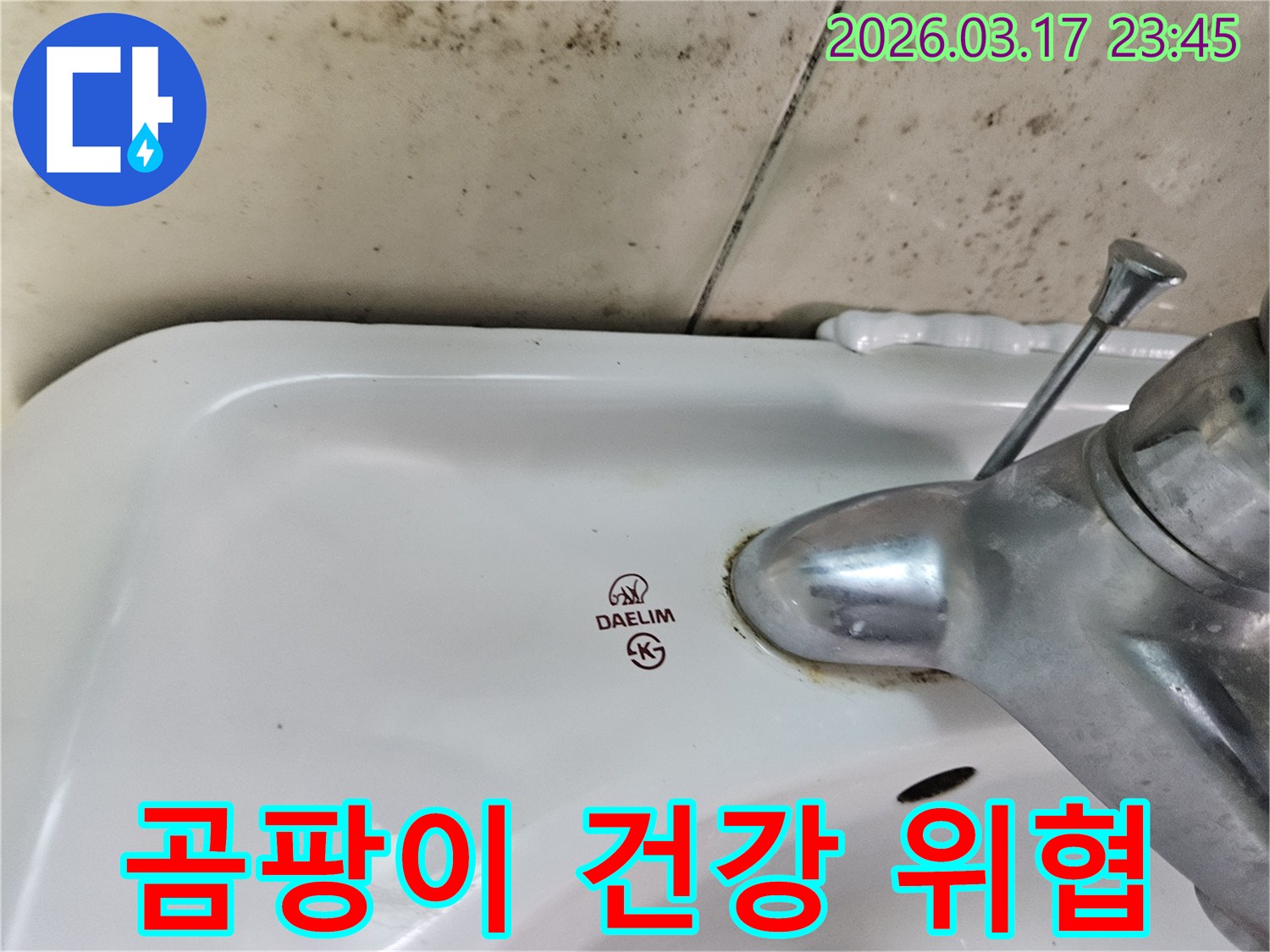 대림 세면대 수도꼭지 주변의 물때와-벽면에 넓게 번진 검은 곰팡이가-누수 방치 시 곰팡이와 함께 찾아오는 건강 위협을 보여줍니다.