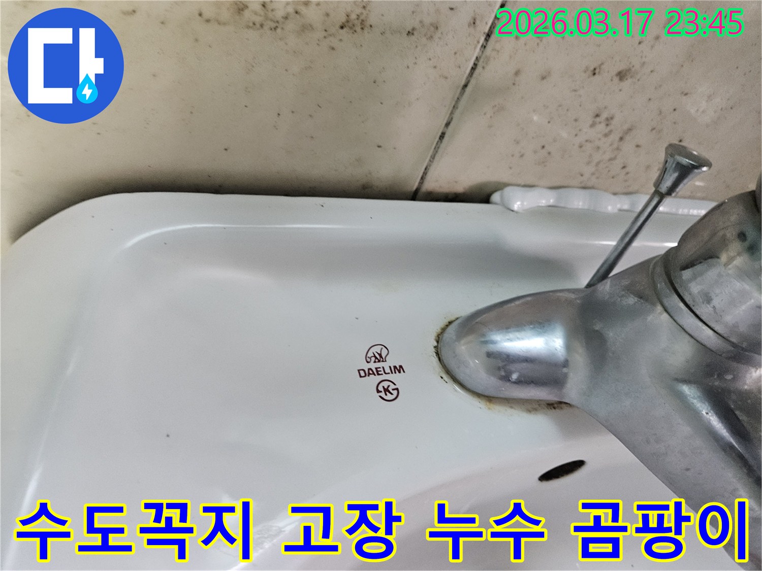 대림 세면대 수도꼭지 주변의 물때와-벽면에 번진 검은 곰팡이가-수도꼭지 고장으로 인한 누수와 곰팡이 해결이 필요한 현장을 보여줍니다.