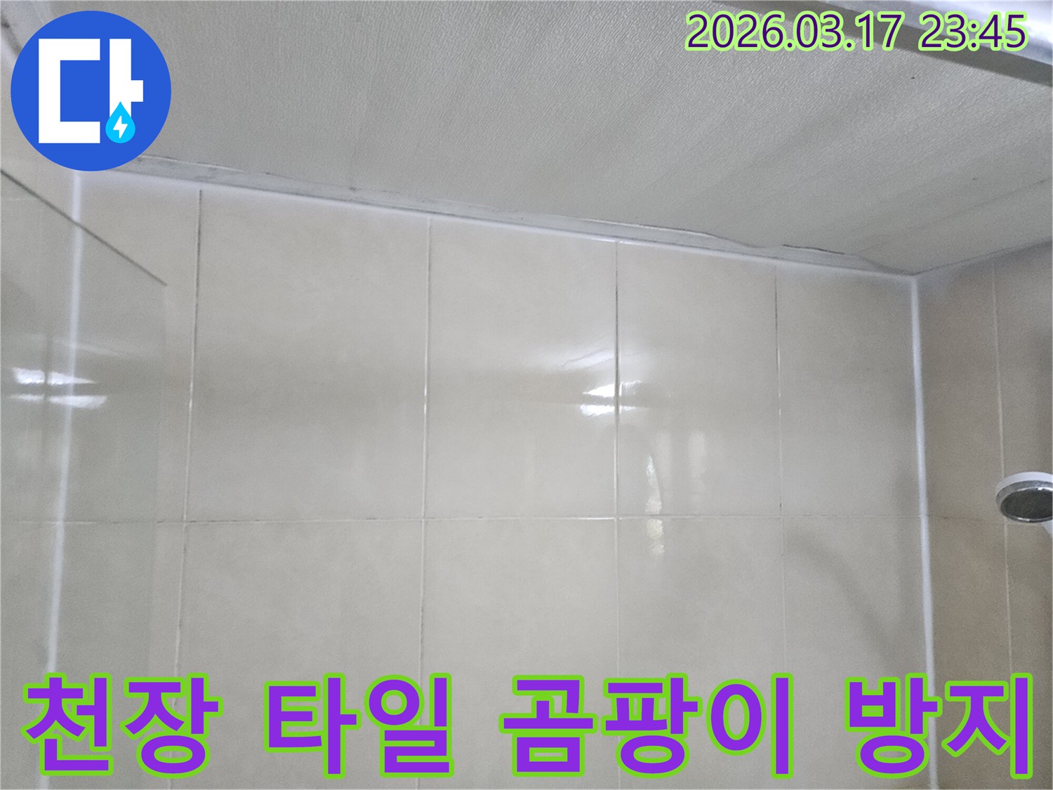 상가-누수-현장에서-천장과-타일-벽면-사이의-곰팡이-방지-시공을-준비하는-모습입니다