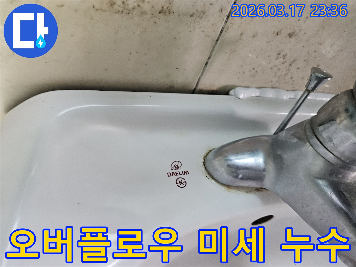 세면대 뒤편 벽의 곰팡이와- 수도꼭지 부식이- 오버플로우 배수구의- 미세 누수 가능성을 시사합니다