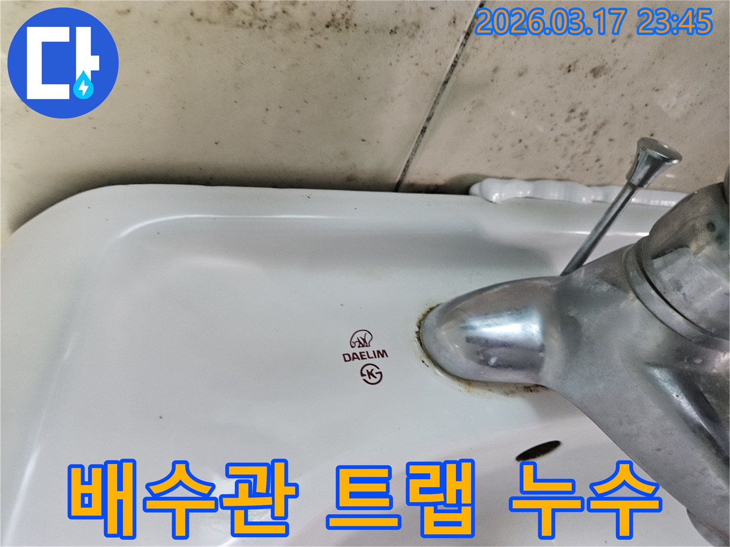 오래된 대림 세면대와 수도꼭지 주변에 생긴-물때와 벽면 곰팡이가-세면대 배수관 트랩 종류별 누수 원인 분석이 필요한 현장을 보여주는 사진입니다.