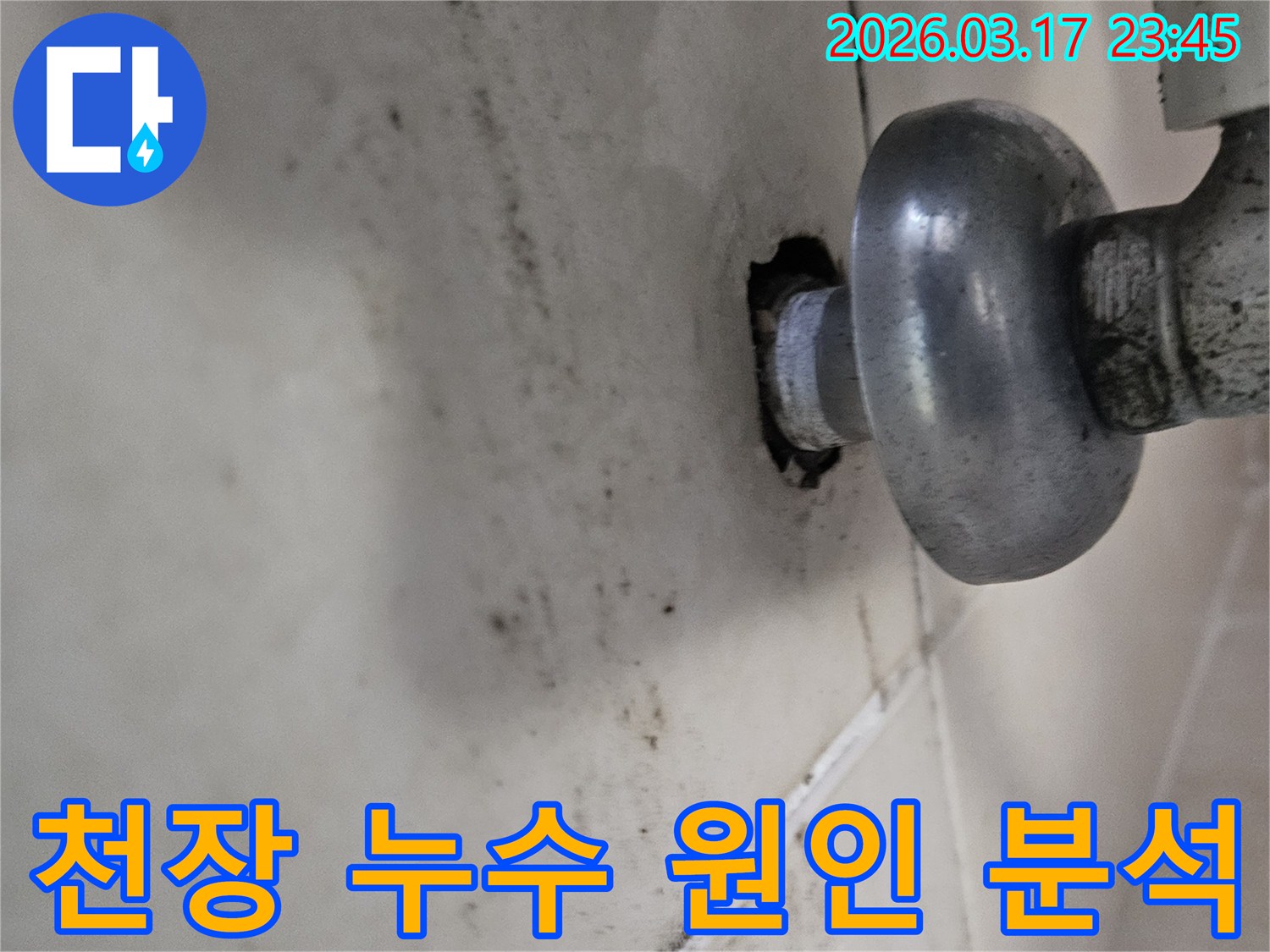 이 사진은 천장 배관 주변의 누수로 인해-곰팡이와 물때가 심하게 생긴 모습을 보여줍니다