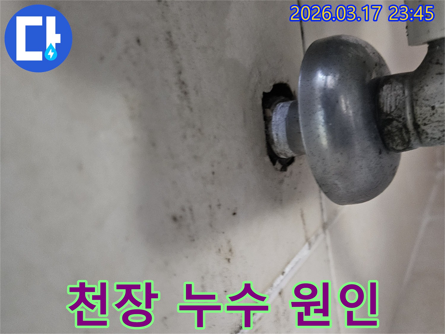 이 사진은 천장 배관 주변의 누수로 인해-곰팡이와 물때가 심하게 생긴 모습을 보여줍니다
