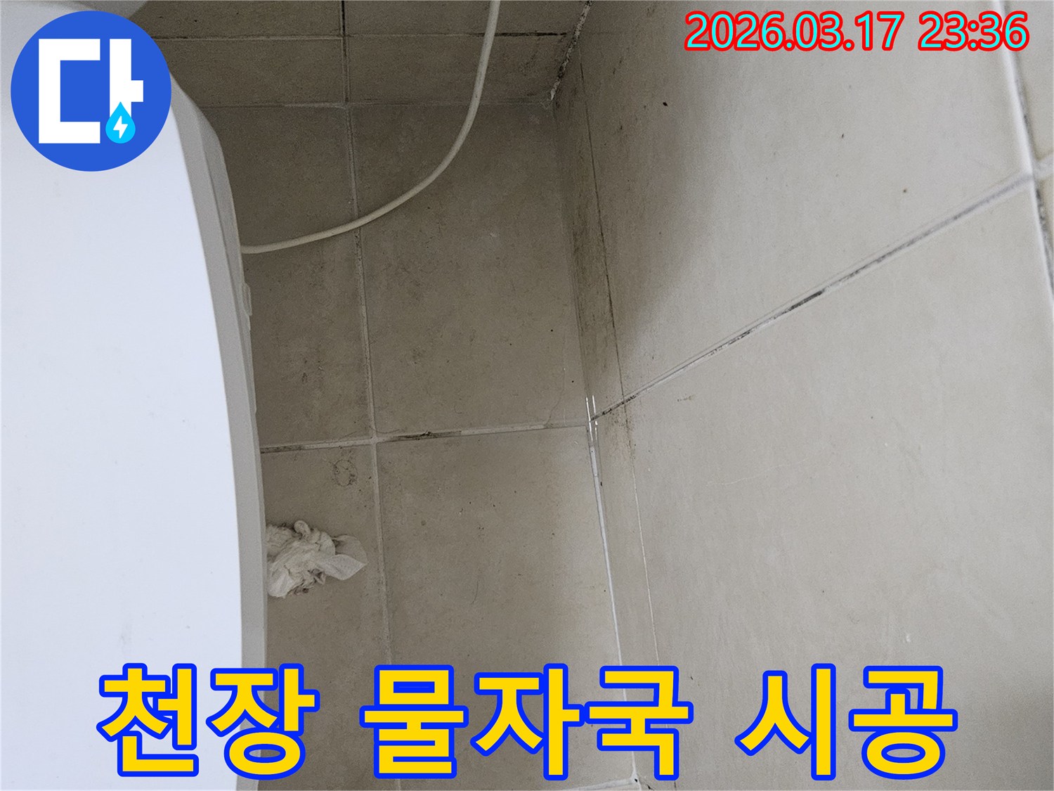 이 이미지는-천장-타일과-벽면-모서리에-나타난-물자국과-곰팡이를-보여주며-이는-상층부-또는-내부-배관의-누수로-인한-지속적인-습기-침투를-의미합니다