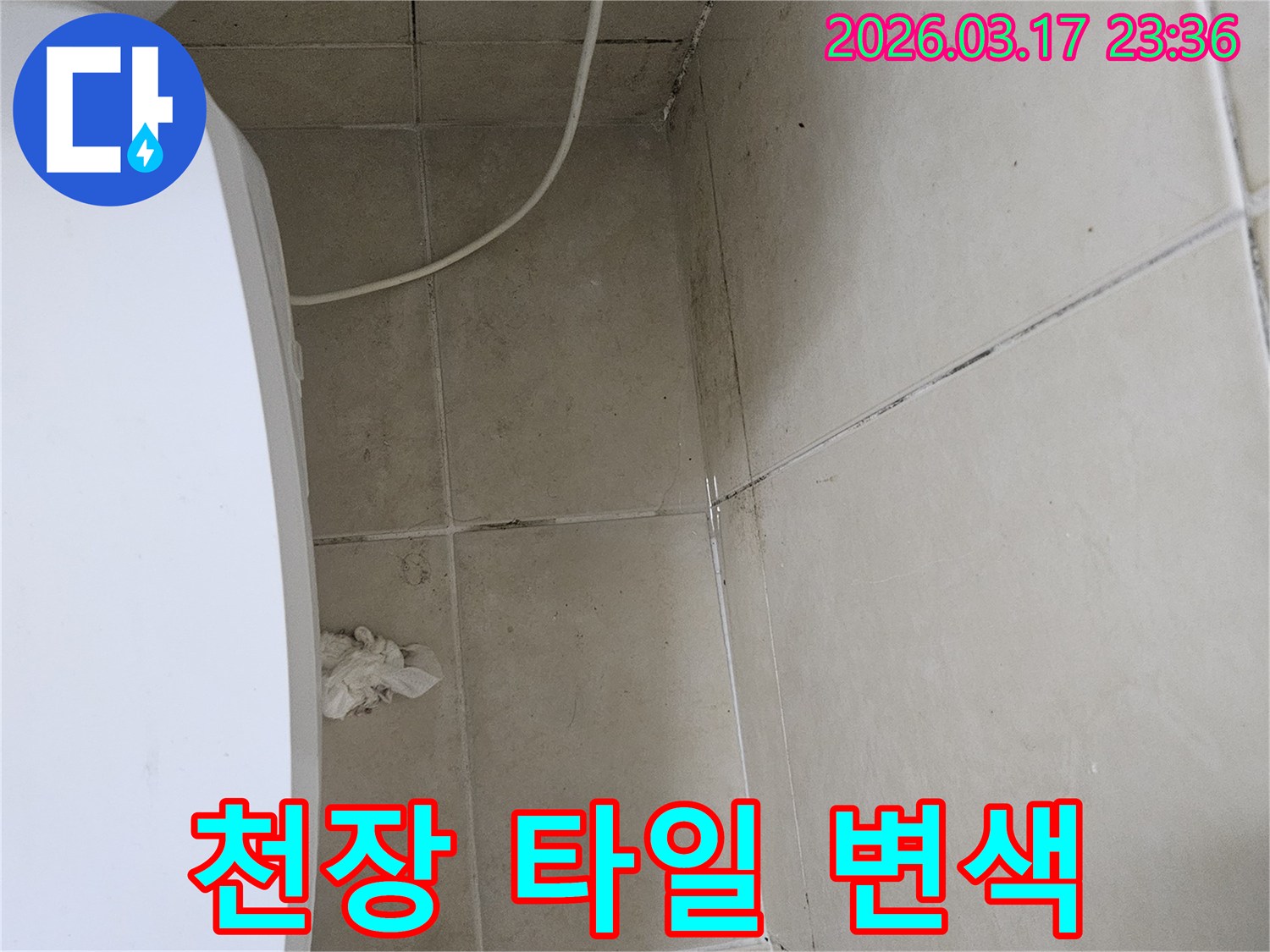 이 이미지는-천장-타일의-변색과-벽면-모서리의-곰팡이를-보여주며-이는-누수로-인한-지속적인-습기-노출과-물자국임을-시사합니다