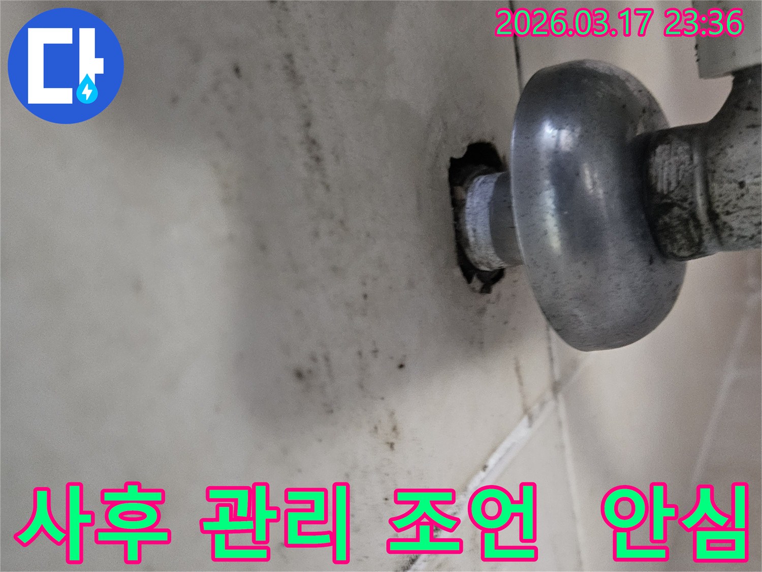 천장-배관에서-발생한-누수로-인해-오염된-벽면과-사후-관리-조언으로-고객이-안심할-수-있도록-해야-하는-배관-모습