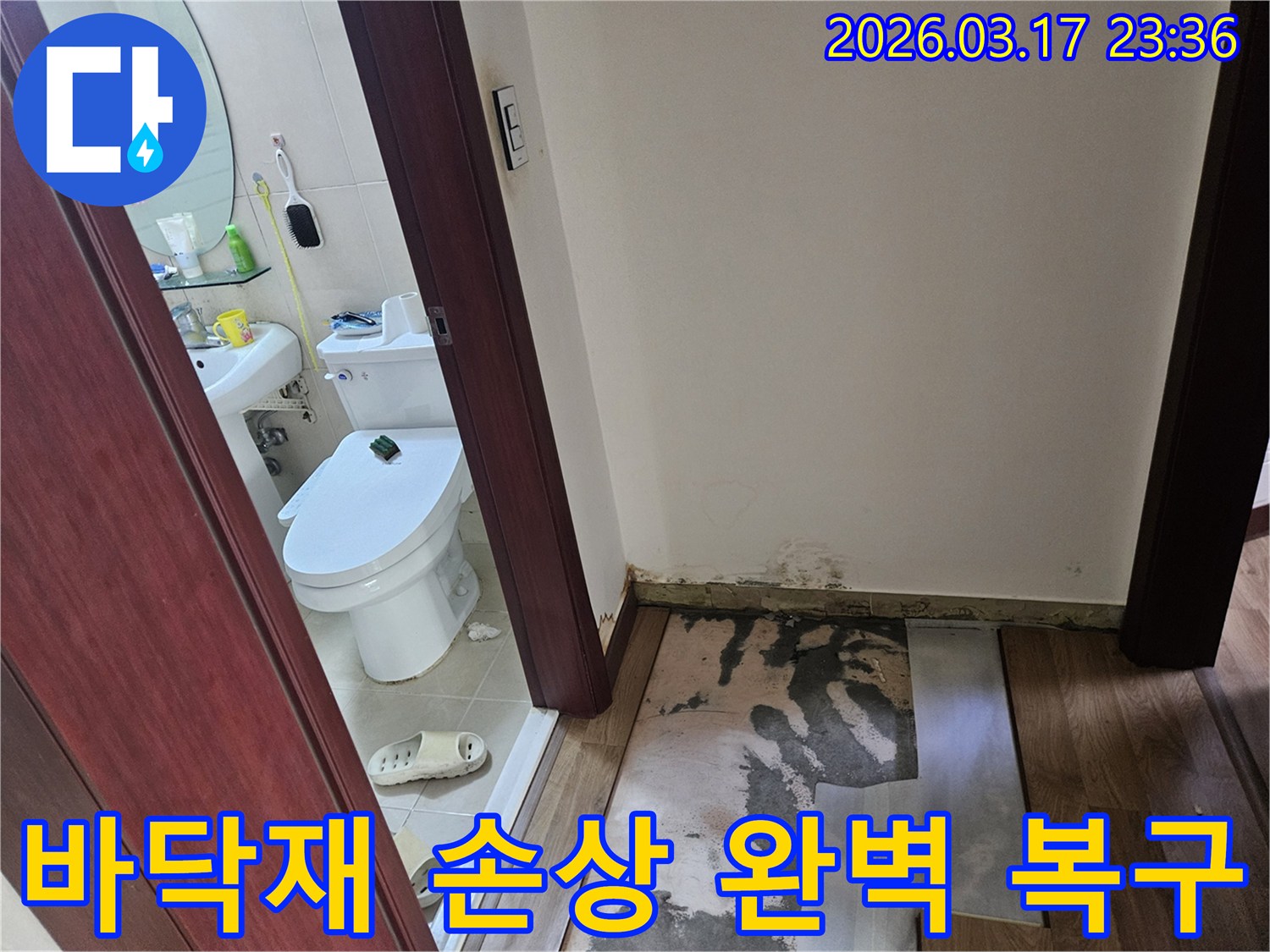 화성 병점 지역-빌라 화장실 입구의-누수로 인해-바닥재가 제거되고-벽면에 곰팡이가 발생한-현장 모습입니다