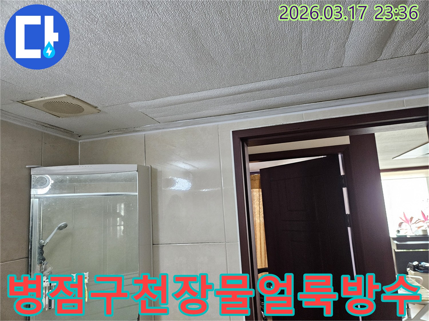 화성 병점구의 욕실 천장에서-누수로 인한 물 얼룩이 발생하여-마감재가 손상된 현장을-누수 엔지니어가 방수 처리를 위해-점검하는 모습입니다