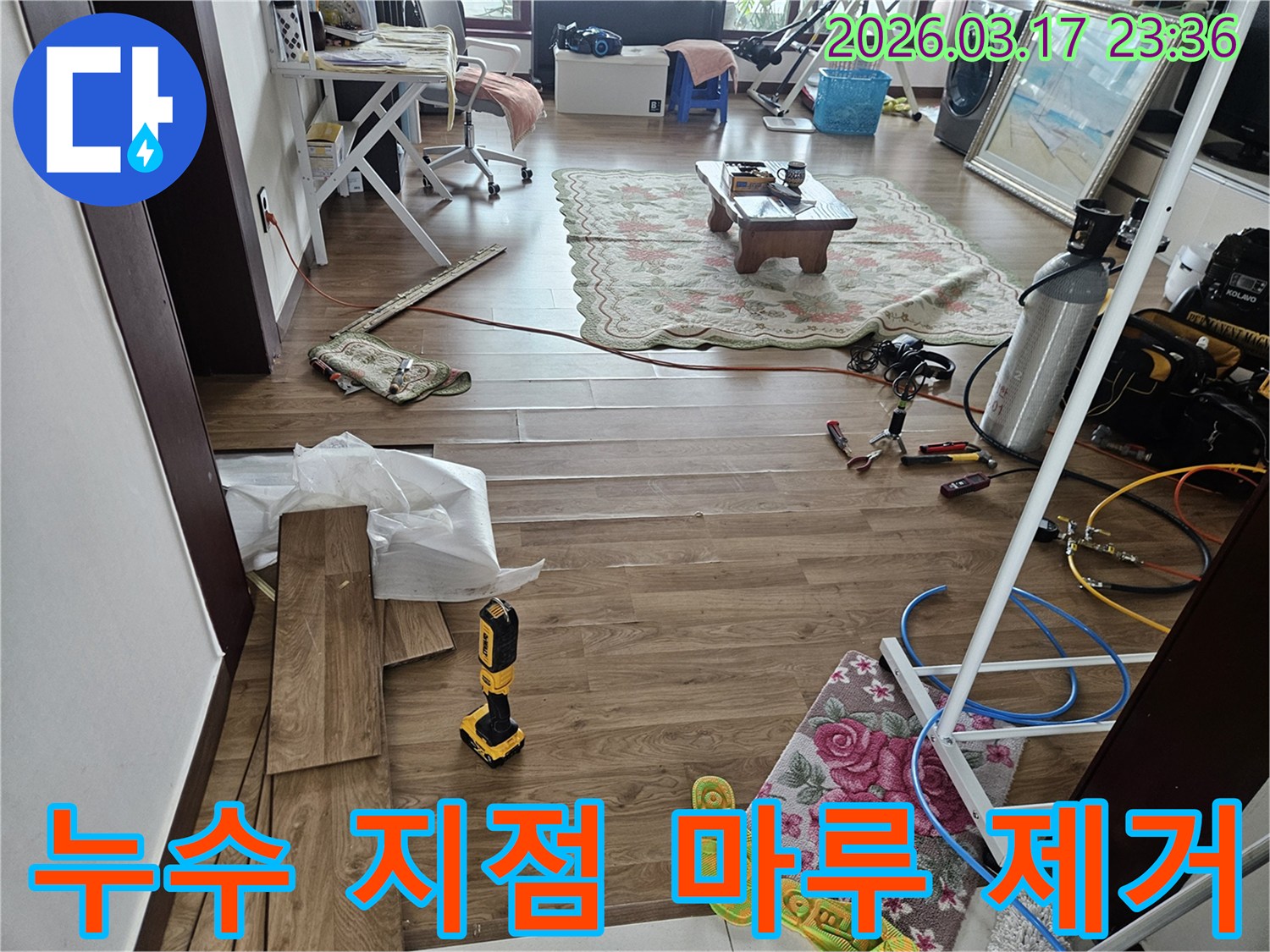 화성시 병점 지역에서 정확한 누수 지점 탐지를 위해-바닥 마루를 조심스럽게 제거하는 작업 현장