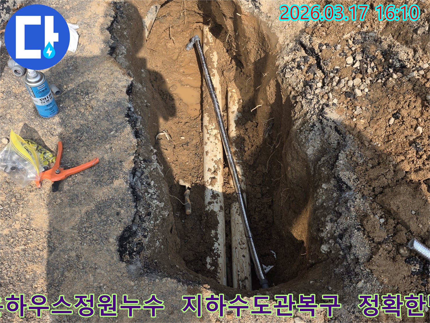 이 이미지는 양주시-율정로 인근 타운하우스 정원 지하에서 발생한 수도관 누수를-정확히 탐지하고-복구하기 위한 굴착 현장을 보여줍니다.