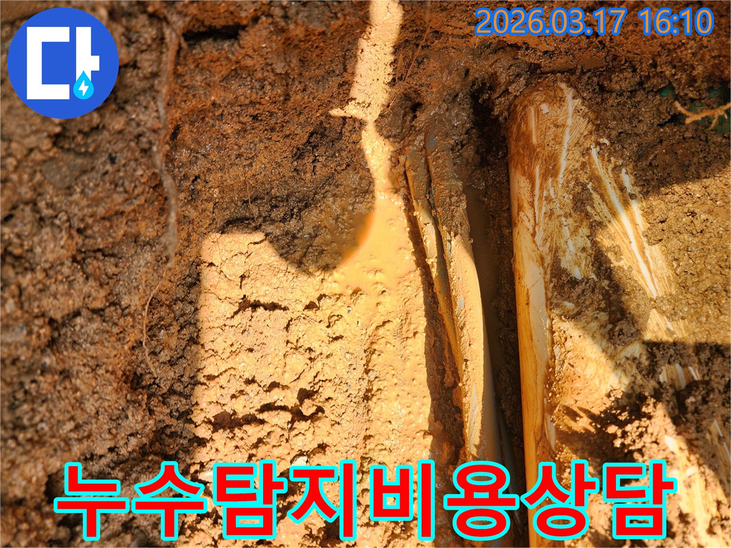 흙속에-묻힌-배관에서-물이-새어나와-주변-흙이-젖어있는-누수-현장-사진입니다
