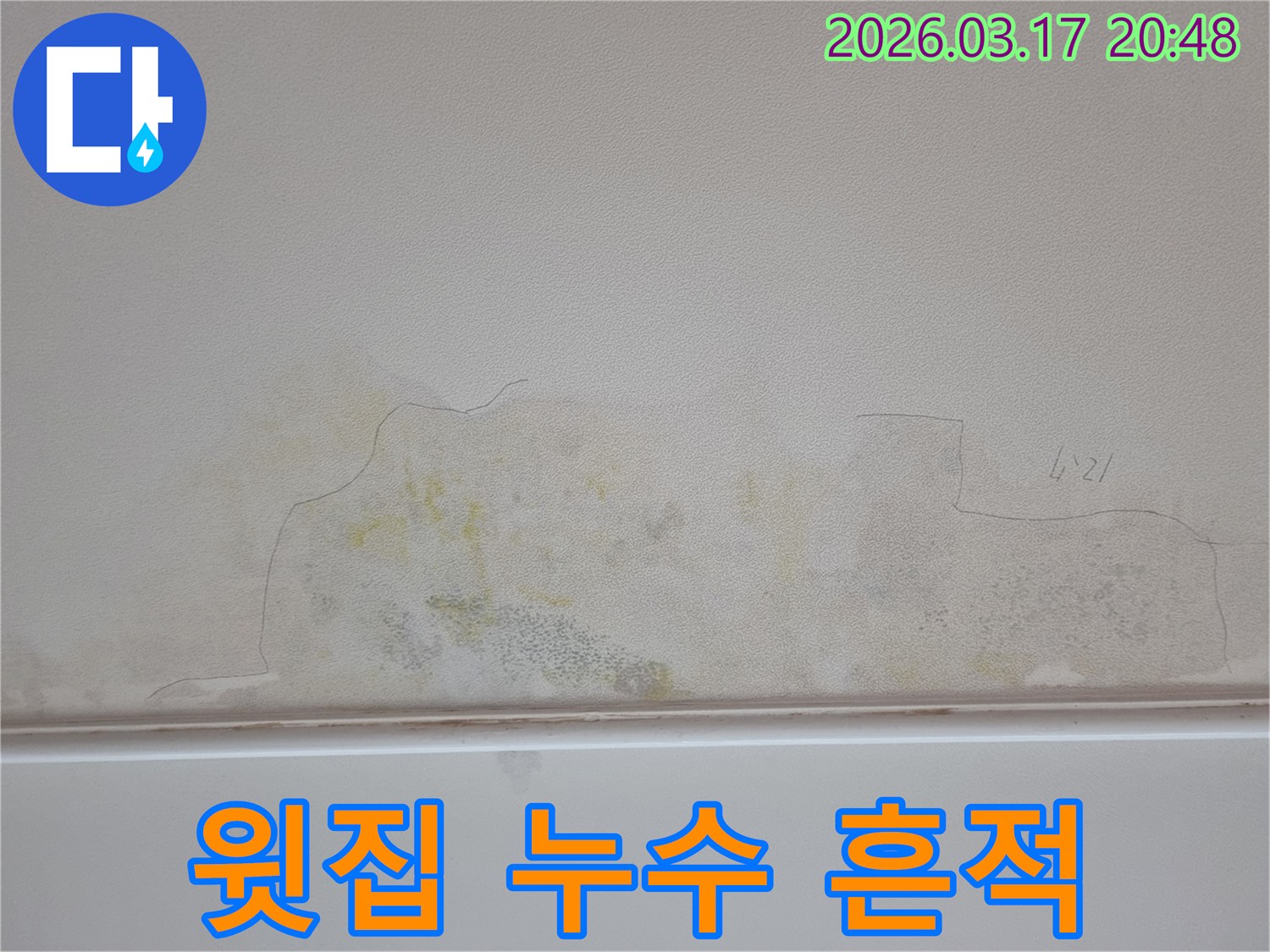 누수 문제로 천장이 손상된 모습-물얼룩과 곰팡이가 번져있어-전문가의 도움이 필요합니다