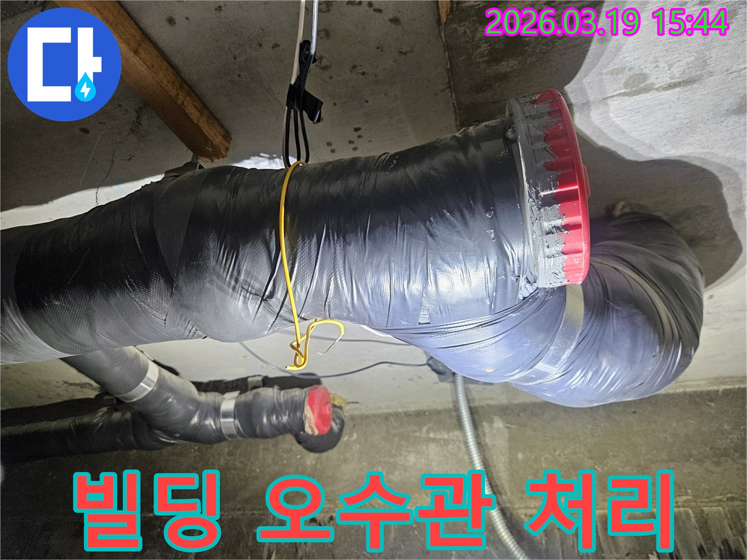 천장에 설치된 검은색 단열재로 감싸진 굵은 오수관과-그 옆으로 연결된 회색 파이프들이 보입니다