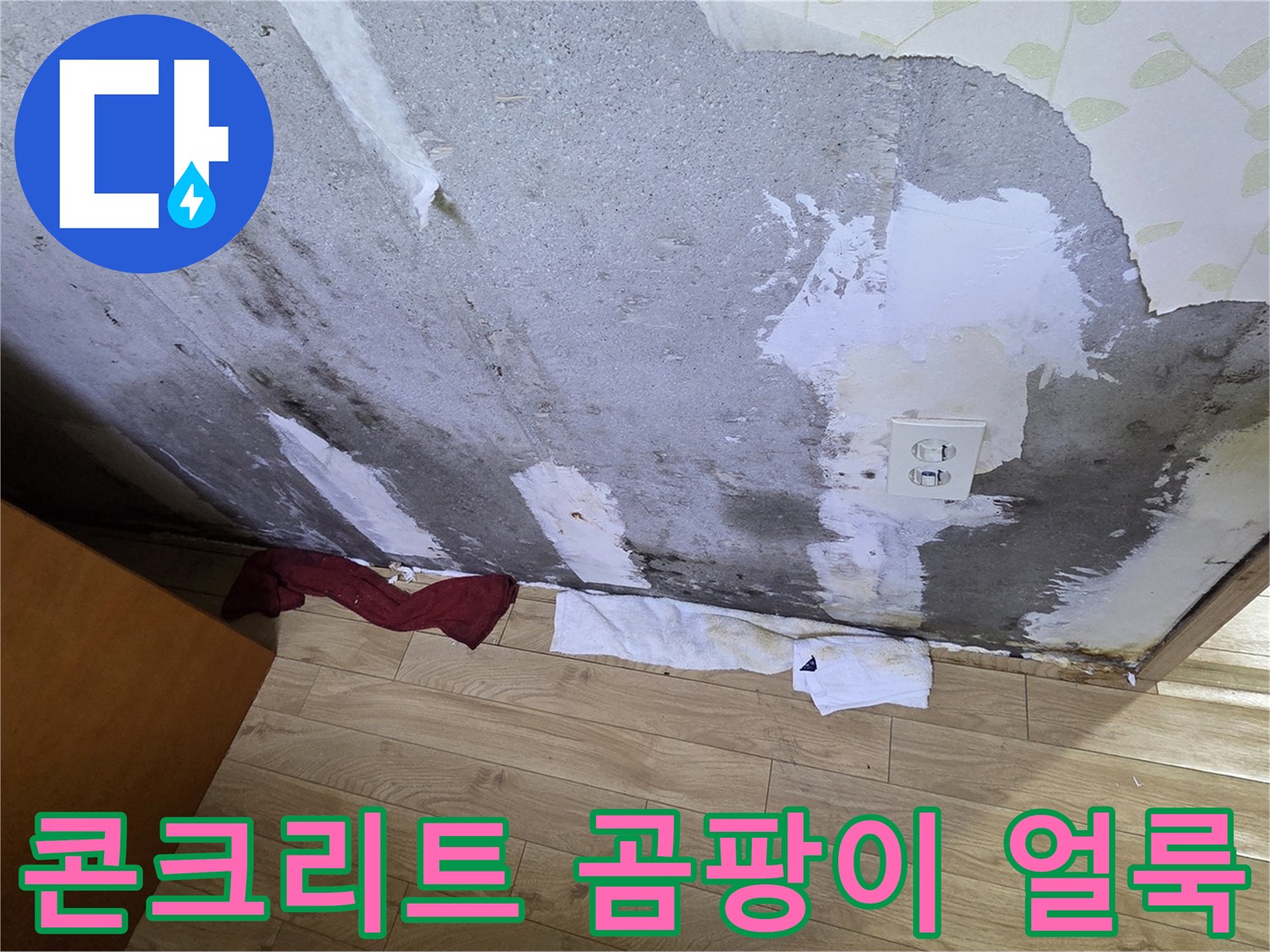 습기로 인해 변색되고 오염된 벽체 콘크리트 면 - 누수 탐지 기록