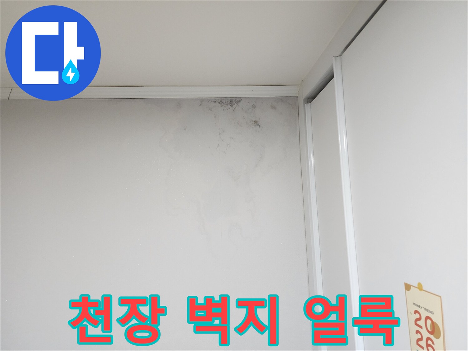 도봉구 현장-천장 벽지에 발생한 어두운 색의 물자국과 습기 흔적