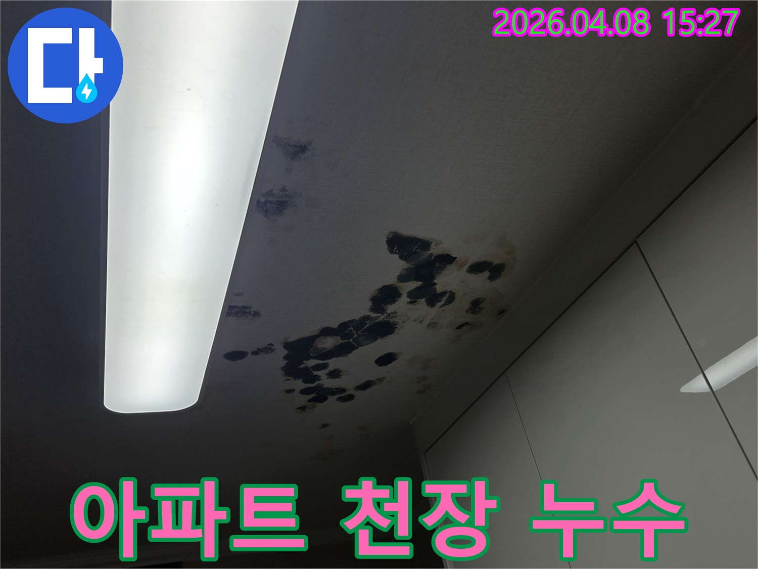 아파트-천장에서-누수로-인해-얼룩과-곰팡이가-발생한-심각한-손상-상태를-보여주는-사진입니다