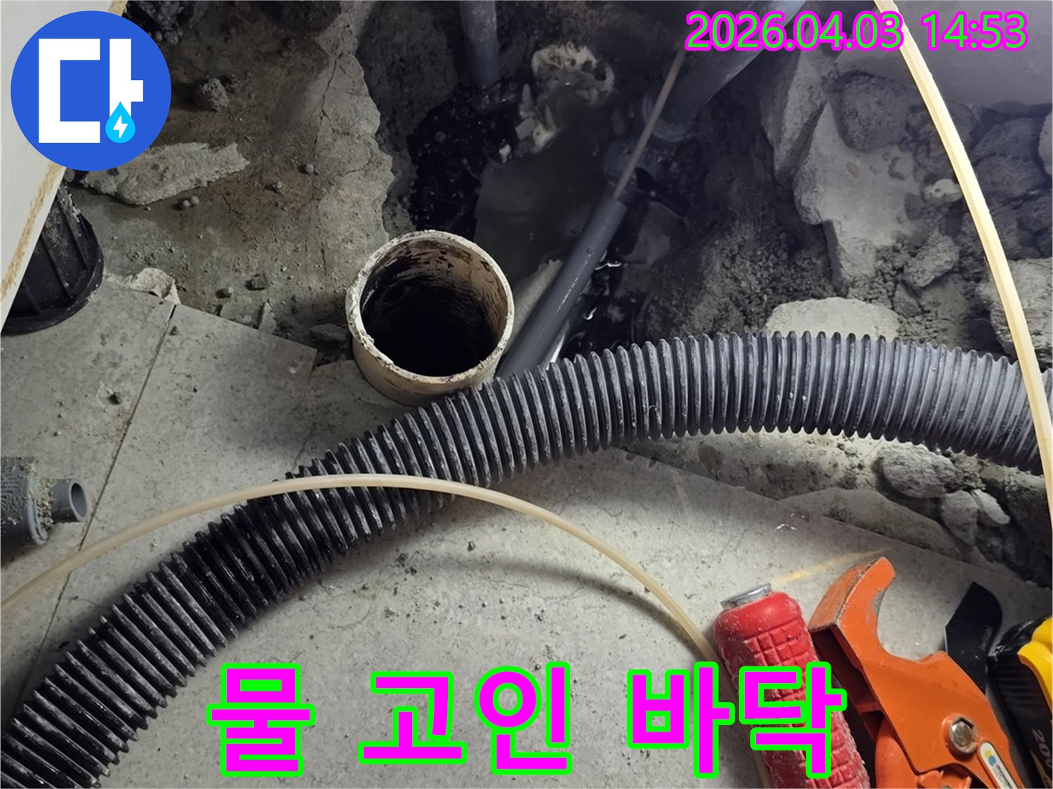 전문가가- 누수 지점을- 육안으로 확인하고- 보수 계획을- 세우는 과정입니다.