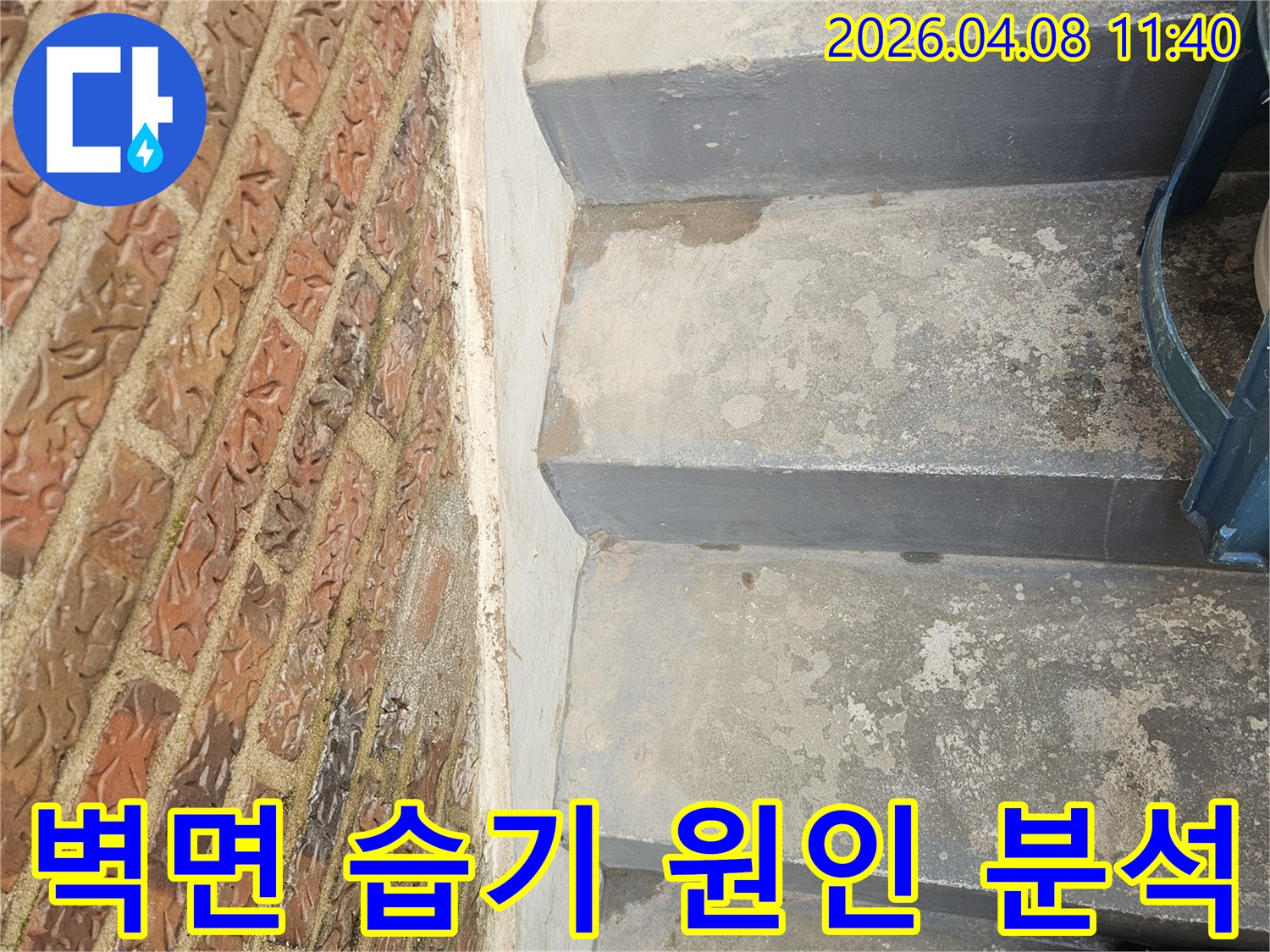 전문가가-송파구 주택의-콘크리트 벽면과-벽돌 바닥에 나타난-습기 현상을-자세히 분석하며-누수 원인을 파악하는 모습