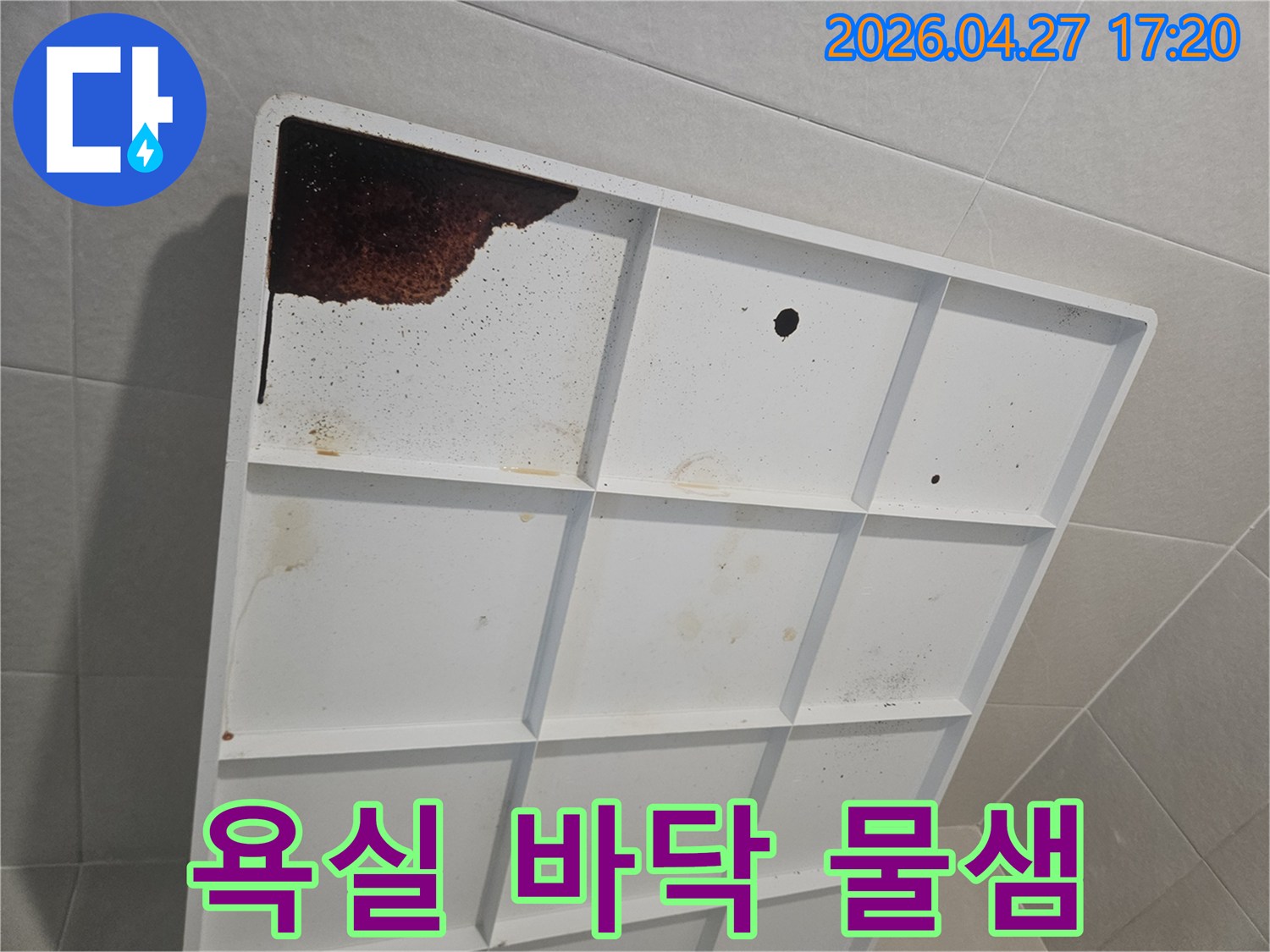 301호 욕실에서 발생한-누수로 인해-배수판에 물이 고여있는-결과물입니다.