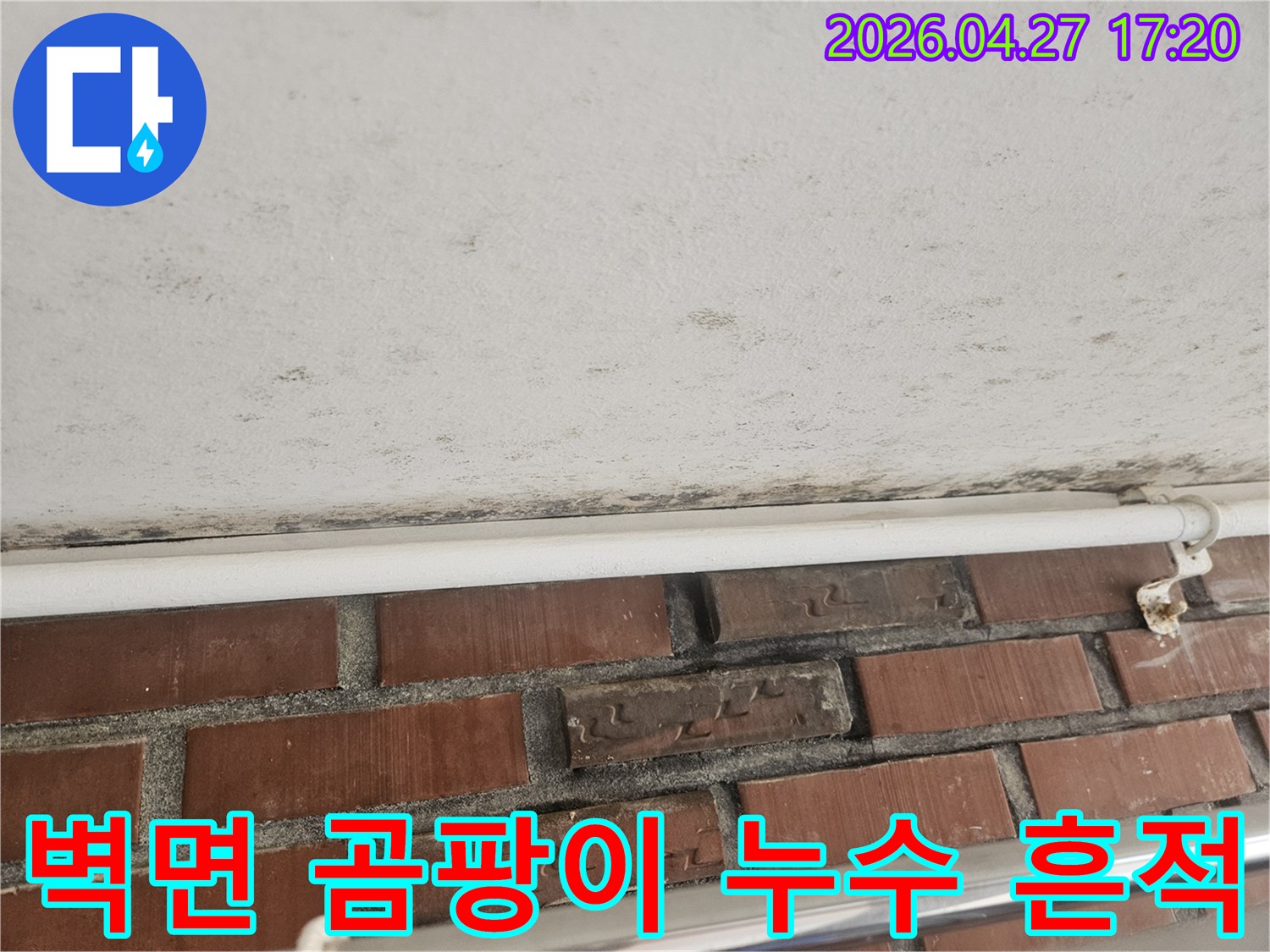 이 사진은 천장과 벽이 만나는 지점에 발생한-심각한 곰팡이와 물자국을 보여주고 있습니다.