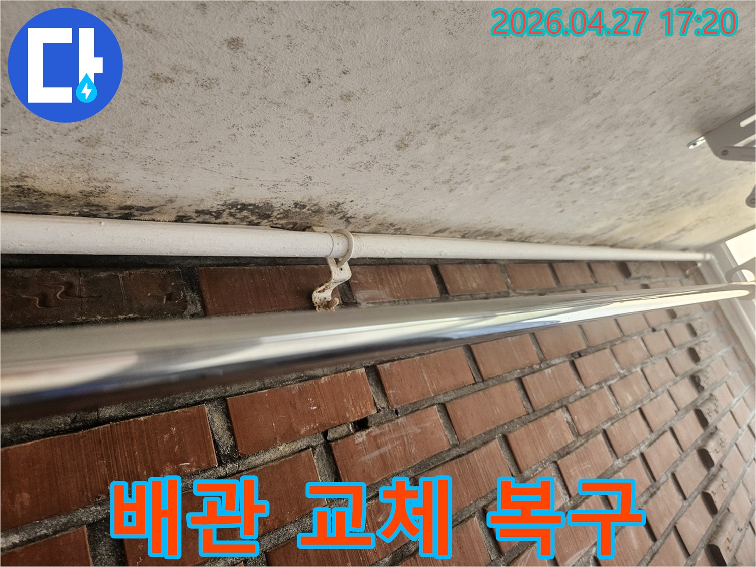 천장 콘크리트의 곰팡이와-녹슨 배관 지지대는-누수 탐지 후 배관 교체 및 마감재 복구가 필요합니다