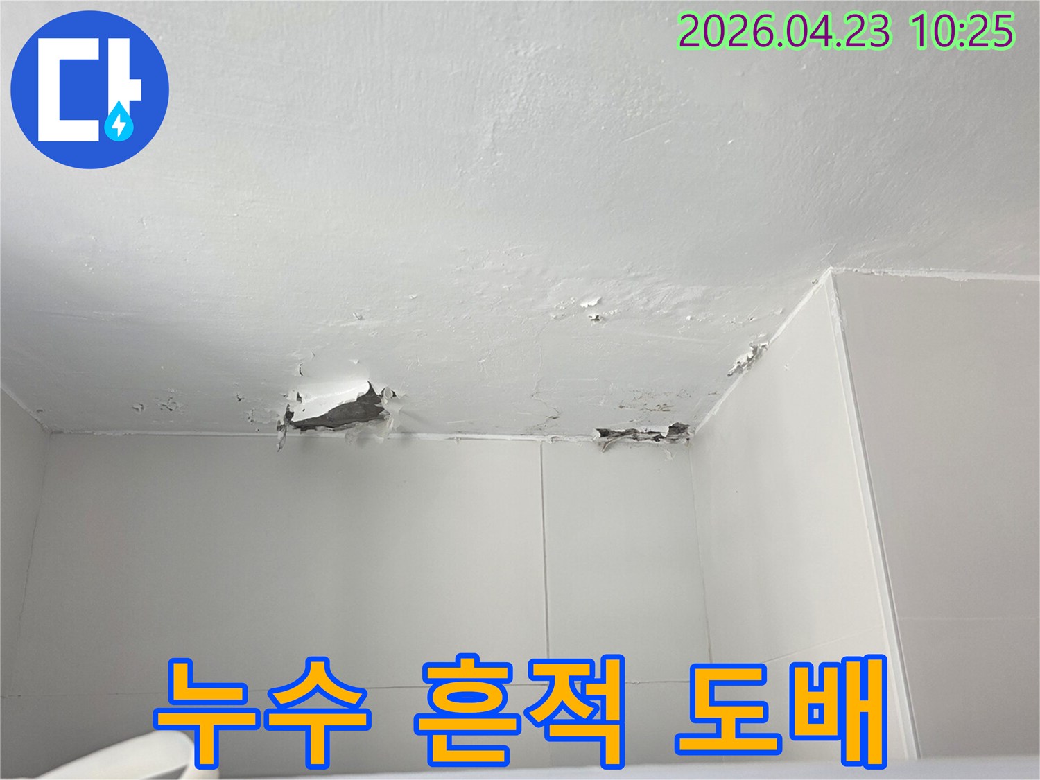 천장 누수로 인해-페인트가 벗겨진 현장에서-누수 흔적을 제거하고-도배 복구가 필요한 모습