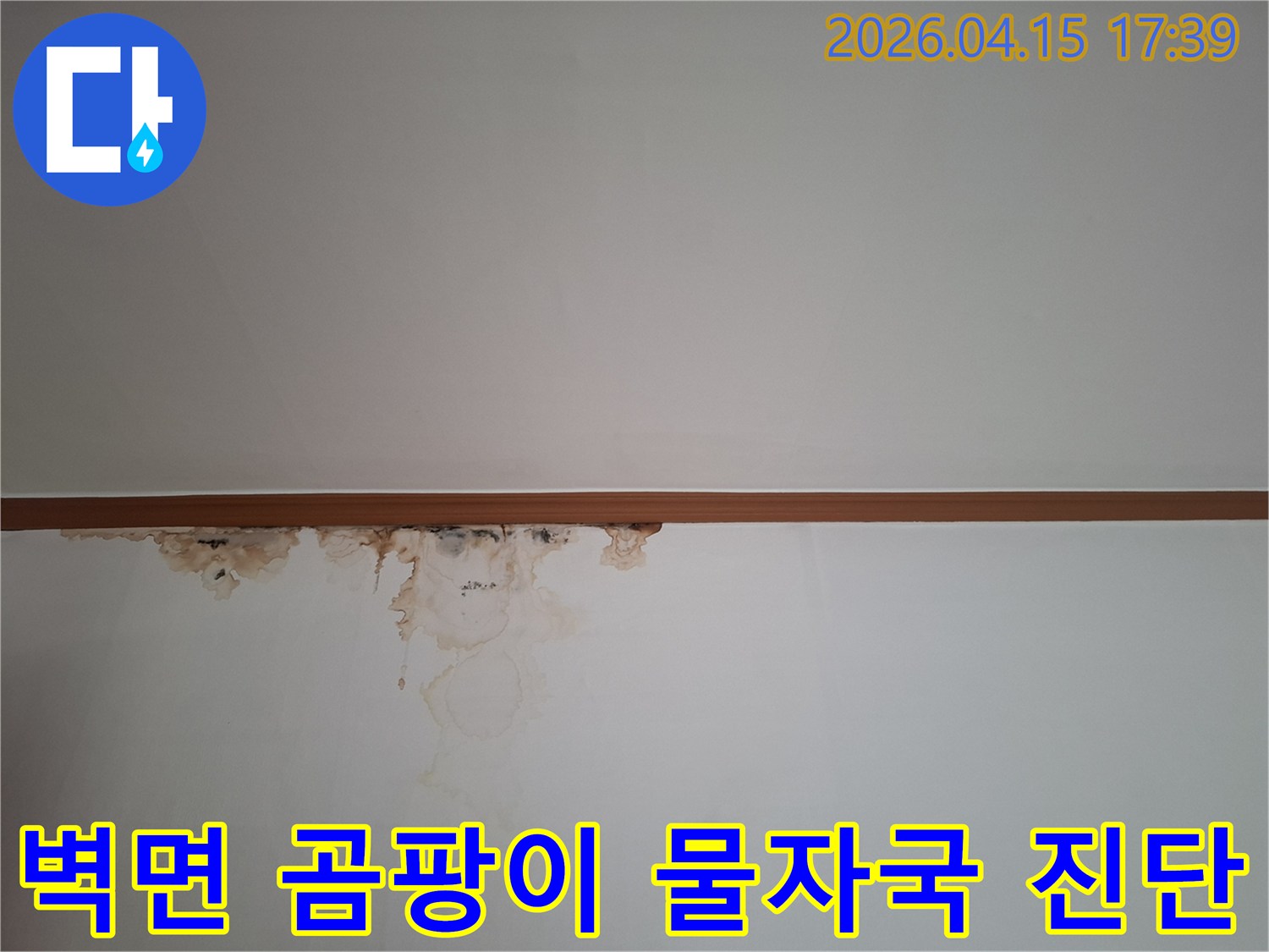 천장과 벽이 만나는 부분에-누수로-인한-심한-물자국과-검은-곰팡이가-번져있는-현장-모습을-보여주는-사진입니다