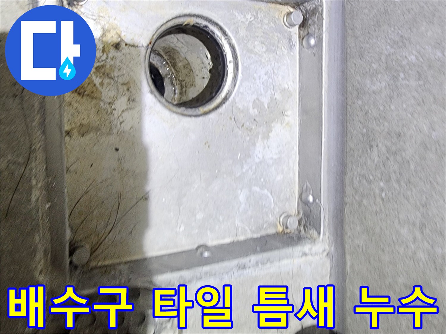욕실 배수구와-주변 타일 사이의-틈새에 발생한-오염과 물때를 통해-누수 원인을-면밀히 점검하는 사진입니다