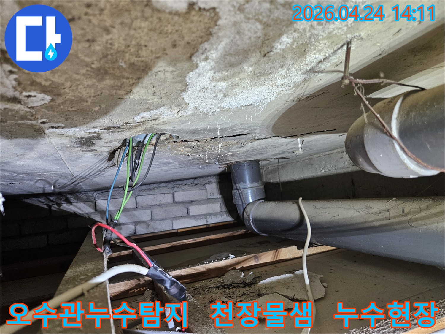 오수관-누수로-인해-천장에-물이-새고-있는-현장을-전문가가-정밀하게-탐지하는-모습