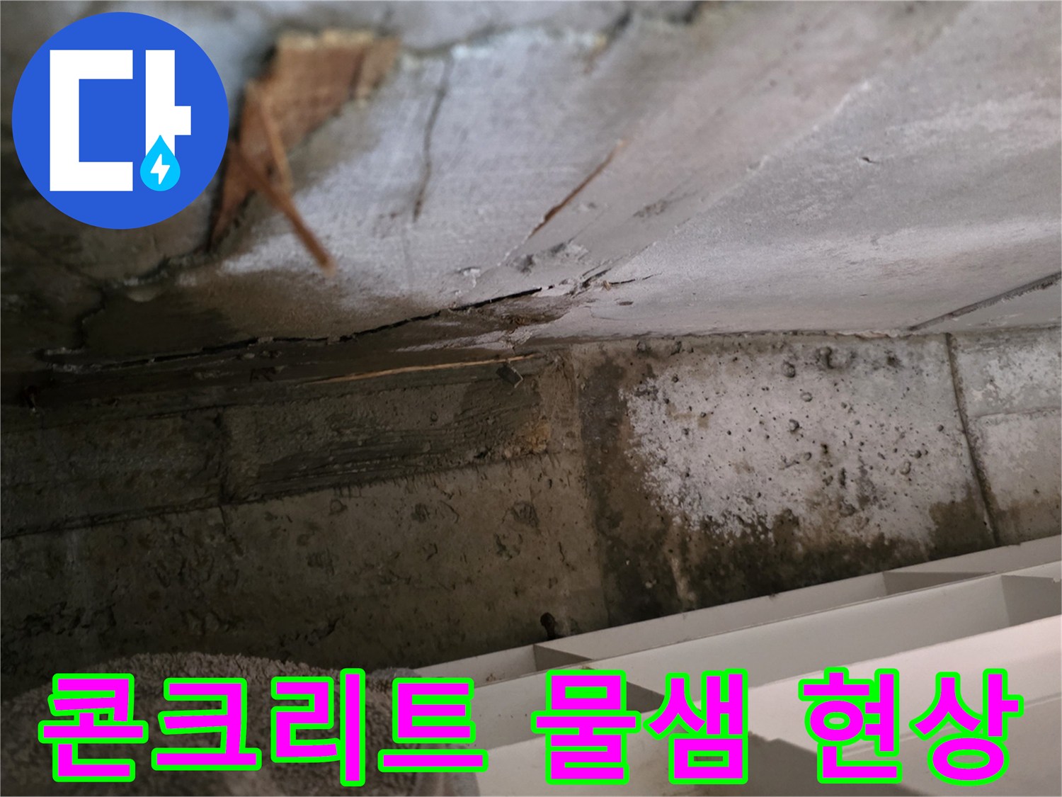 콘크리트 구조물에서-발생한 물샘 현상으로-주변에 습기가-확산되고 있는-누수 지점입니다