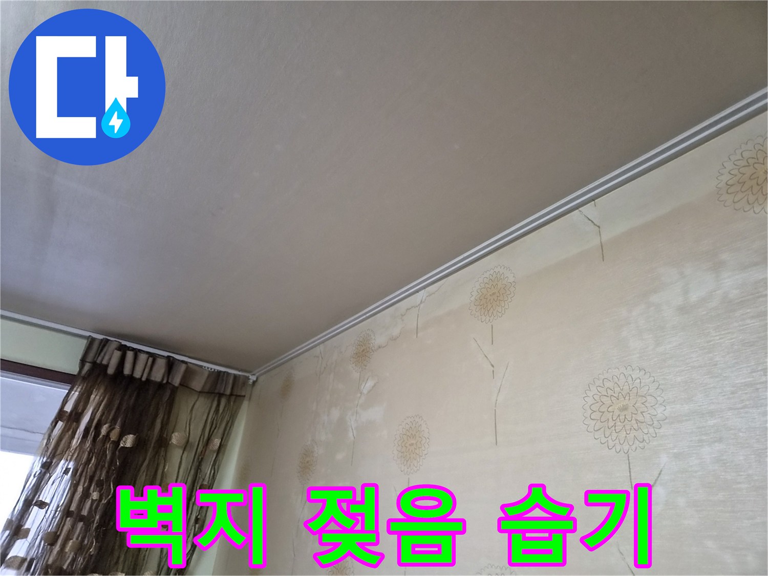 누수로-인해-벽지가-젖어-있고-높은-습기로-인해-곰팡이가-생길-수-있는-상태를-보여주는-사진