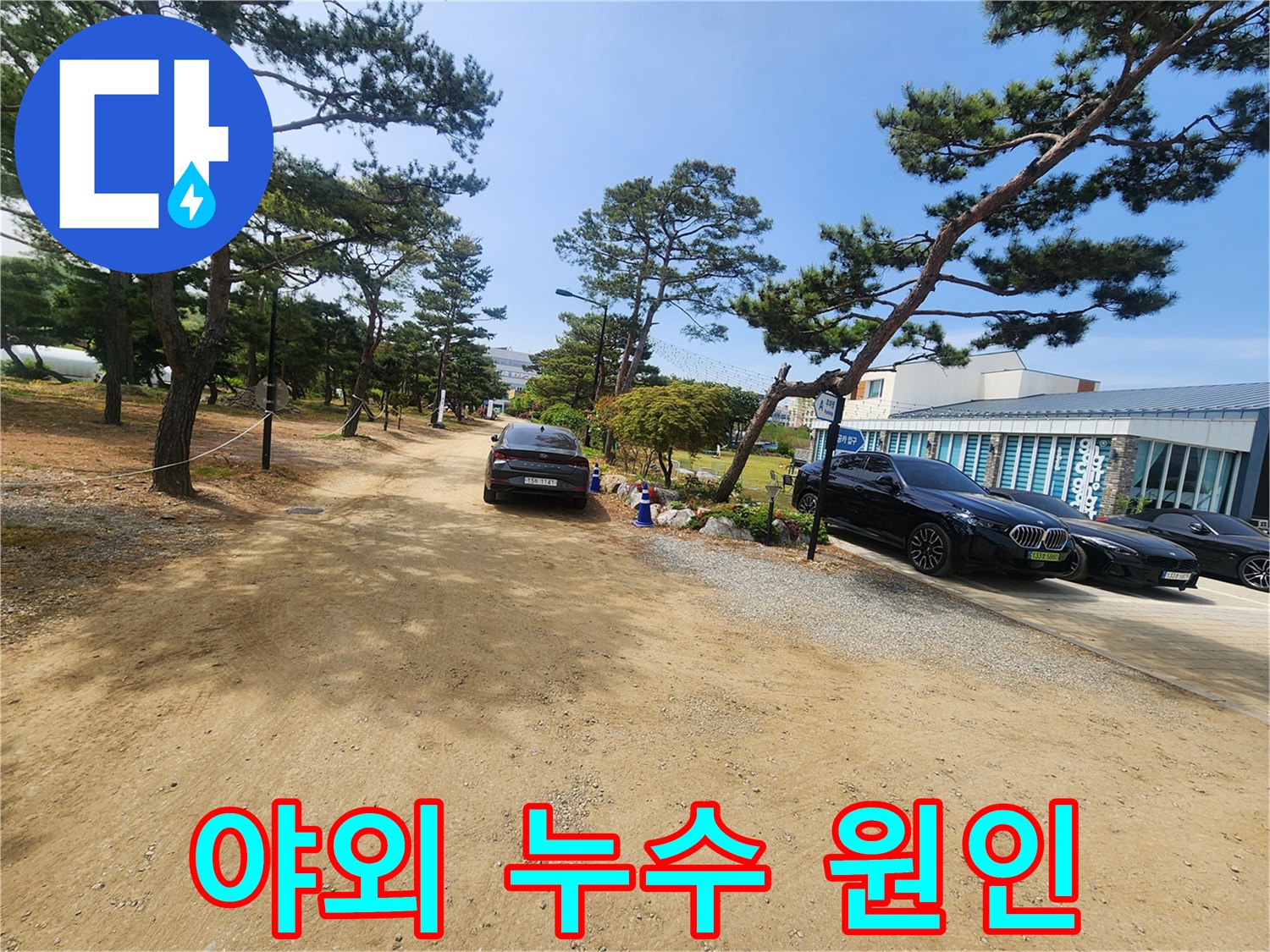 소나무가 많은 넓은 야외 공간에서-누수 발생 가능성을 점검하는-현장 상황을 보여줍니다.