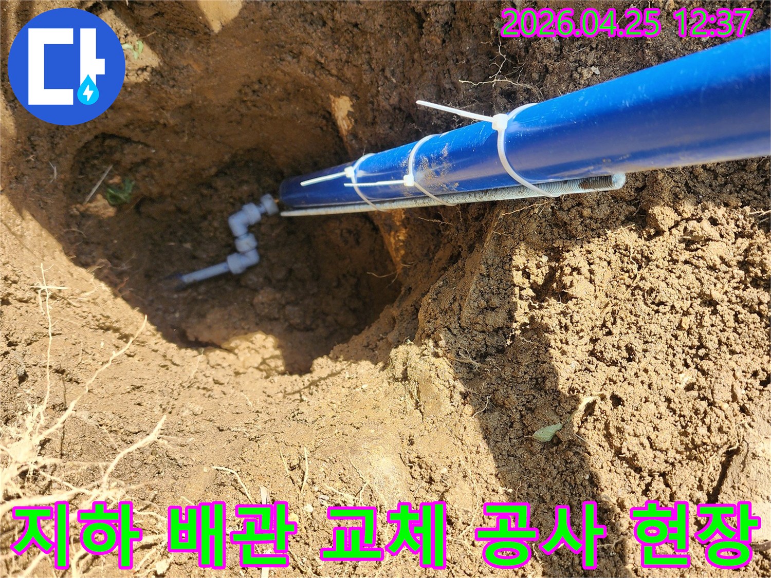 전문가가-땅속에-묻힌-배관의-누수 지점을-찾아내어-새로운 배관으로-교체하는-작업을-진행하고-있습니다