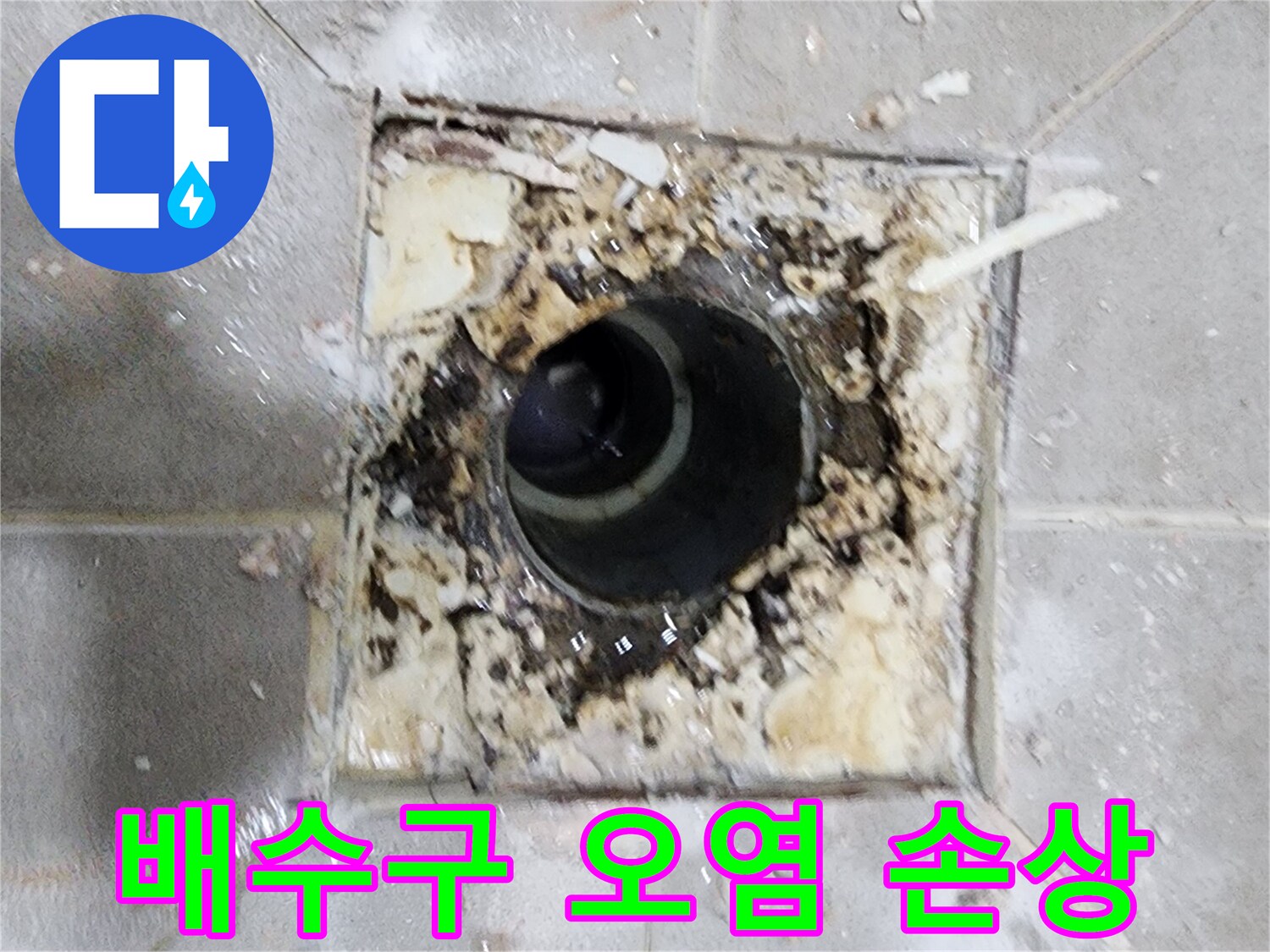누수 엔지니어가 욕실 배수구 주변의- 오염과 손상 상태를 확인하며- 누수 원인을 분석하는 현장 사진입니다.