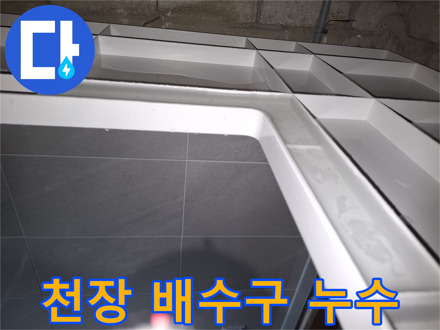분당구 아파트의-천장에서 물이 새는 현장을-누수 전문가가-위층 욕실 배수구 문제를-확인하는 모습