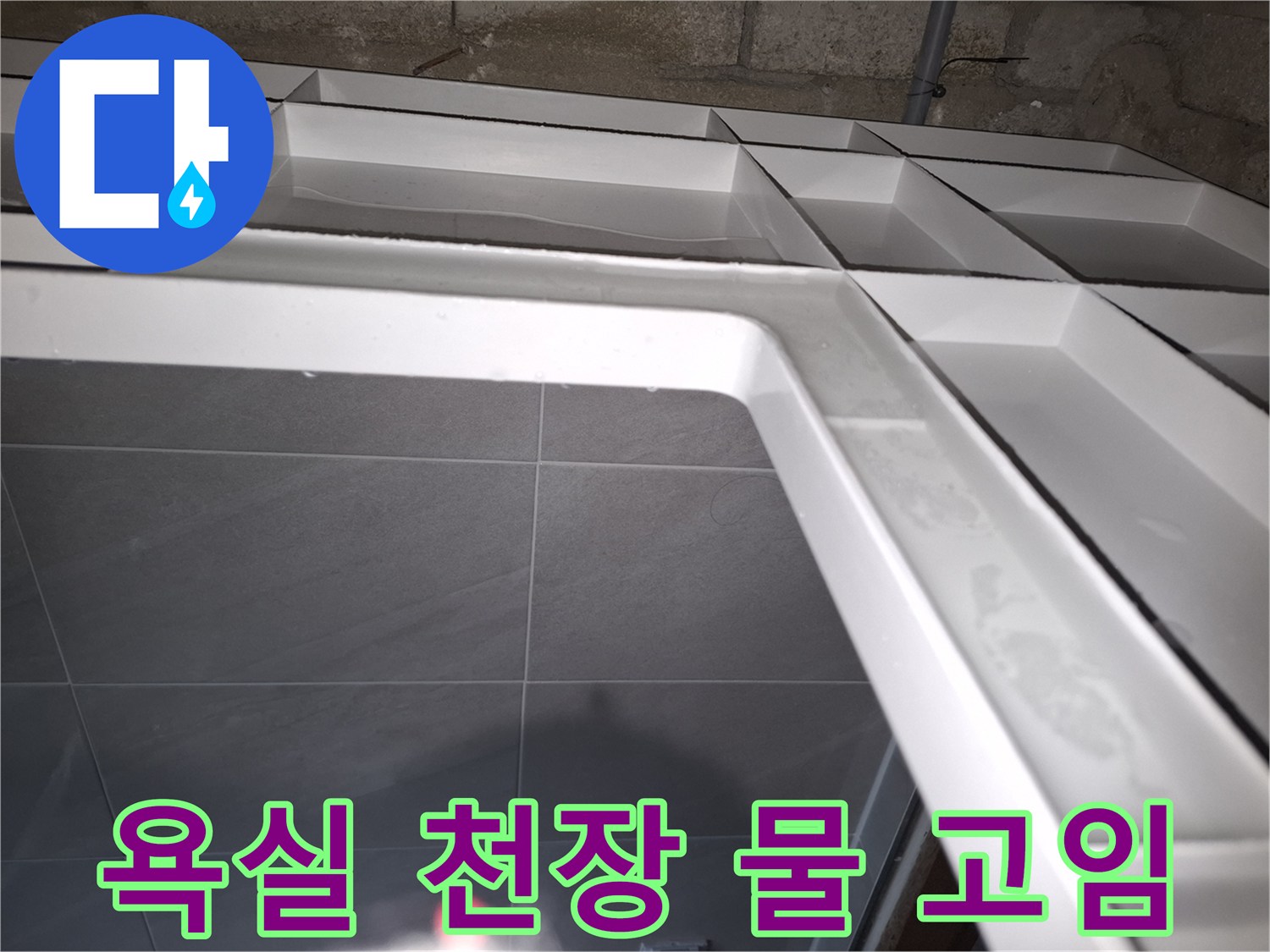성남 분당 지역의-아랫집 욕실 천장에서-누수로 인해-물이 고여있는 상태를-전문가가 점검하는 모습