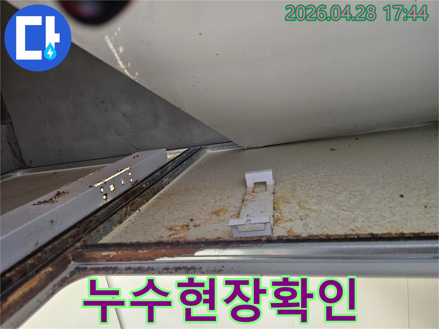 누수 엔지니어가 아래층 욕실 천장의 심각한 물샘 피해를 확인하고 있습니다-오래된 녹물과 곰팡이 발생 가능성이 있는 오염이 관찰됩니다.