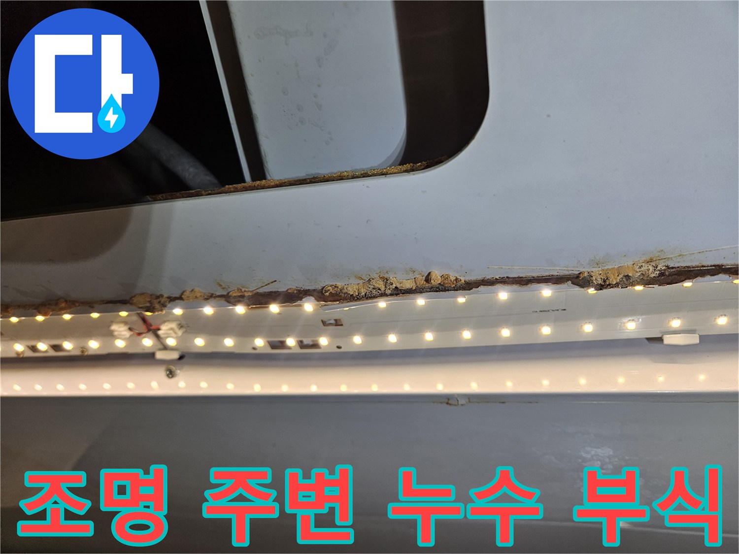 천장 조명 주변-목재가 누수로 인해-부식된 상태를-보여주는 사진입니다