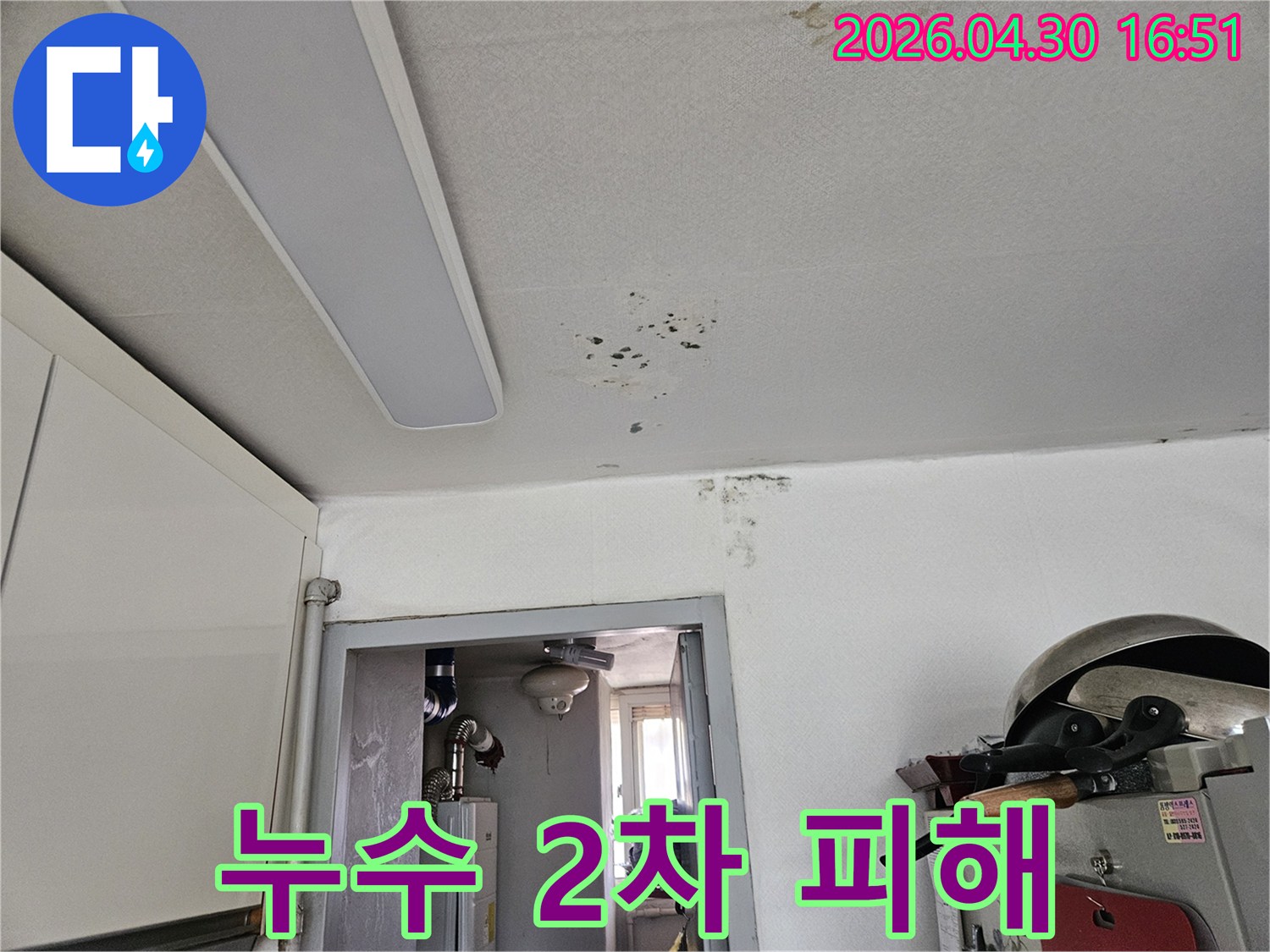 천장과 벽면에 나타난 누수 흔적과 곰팡이는-2차 피해로 이어질 수 있어-신속한 조치가 필요함을 보여줍니다