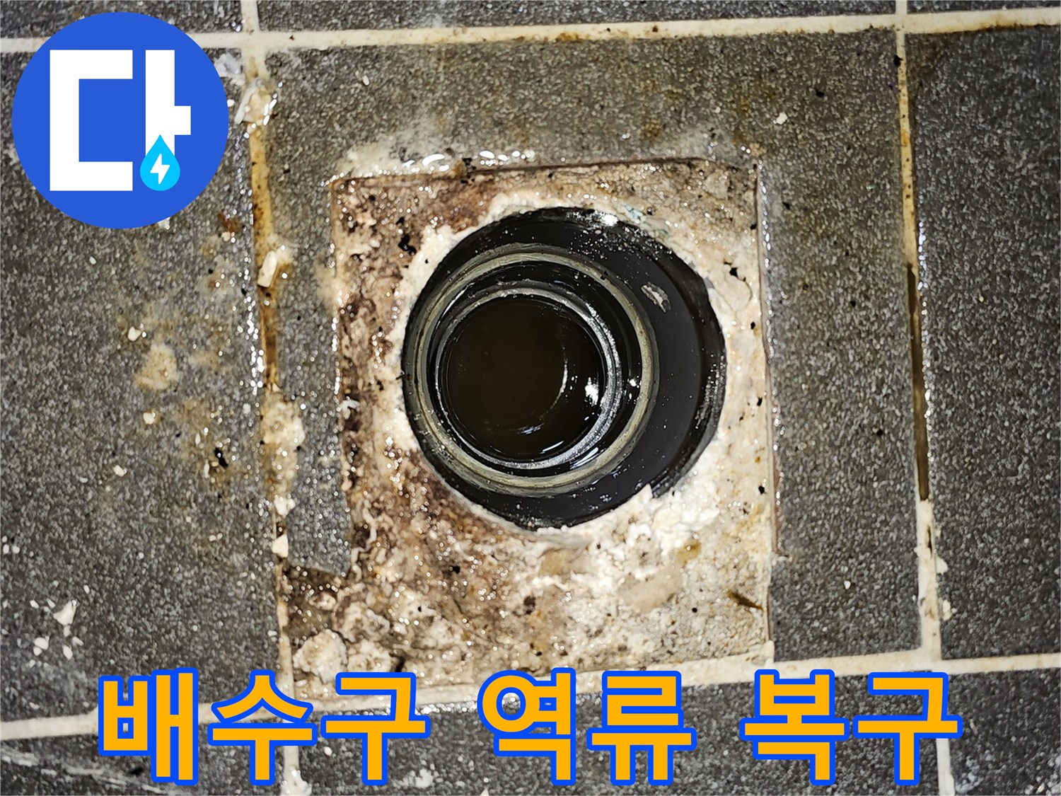 배수구에서 오수가 역류하여-바닥에 고여있는 모습을 보여주는-긴급한 누수 상황의 사진입니다.