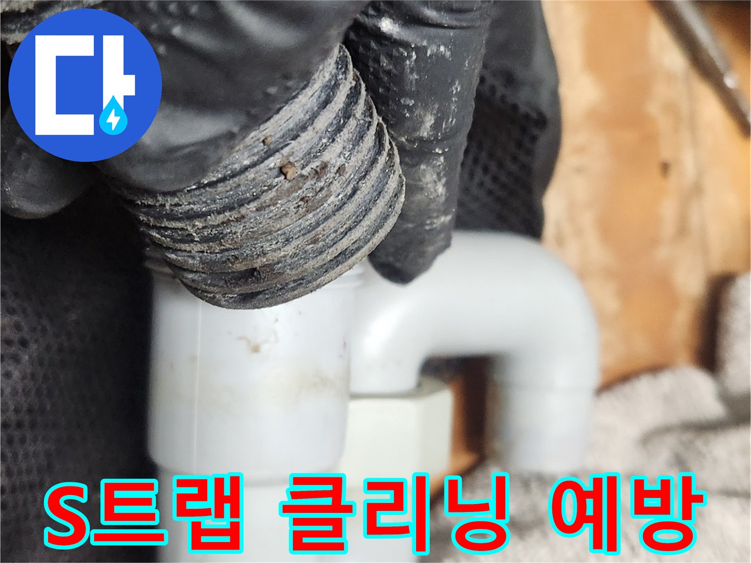 검은 장갑을 낀 손이-S트랩 배관을 분리하여-누수와 악취 예방을 위한 클리닝을 진행하고 있습니다