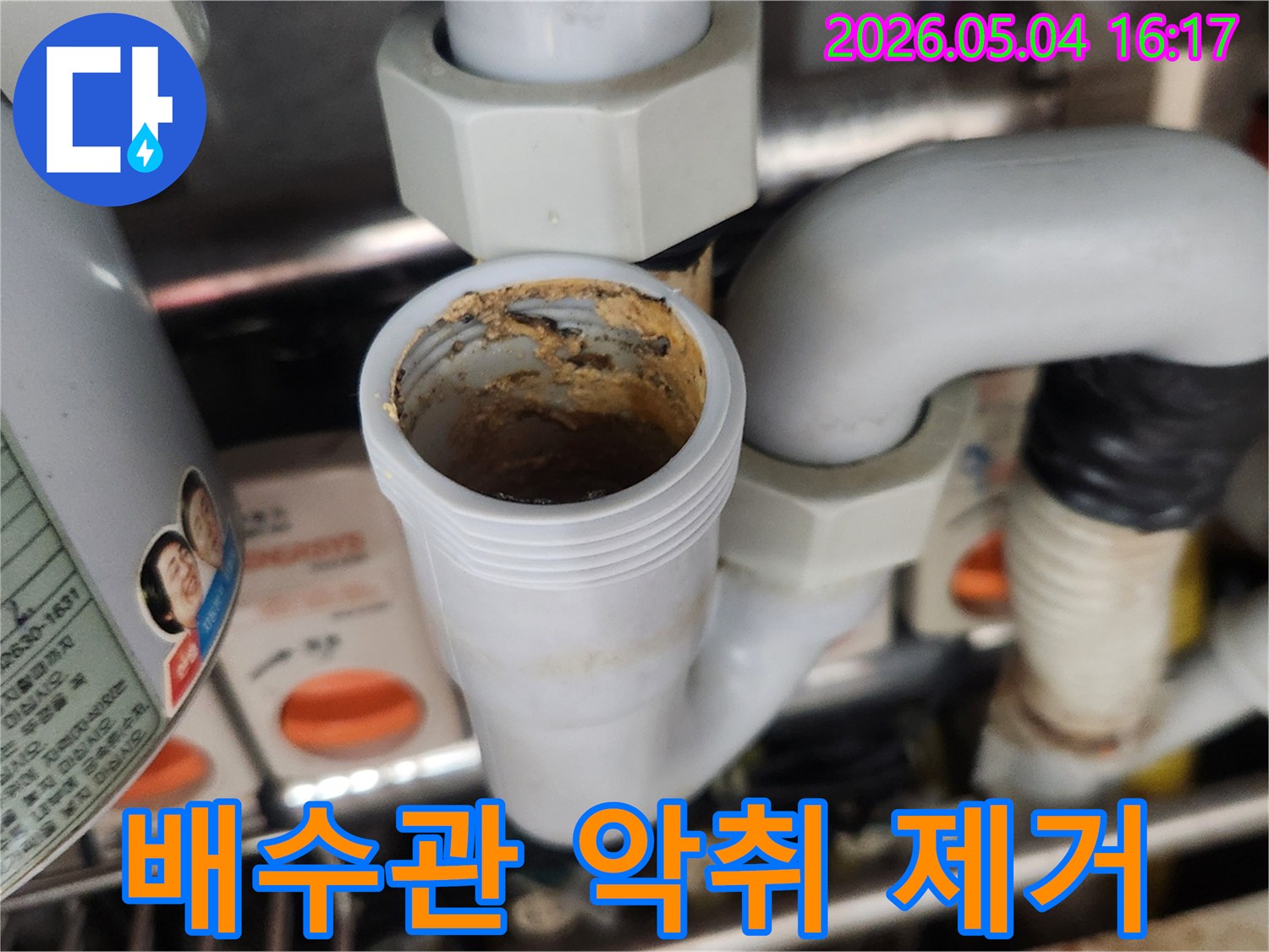배수관 S-트랩에-쌓인 부패한 이물질이-심각한 악취를-유발하는 모습을-보여주며-전문적인 제거의-필요성을-설명합니다