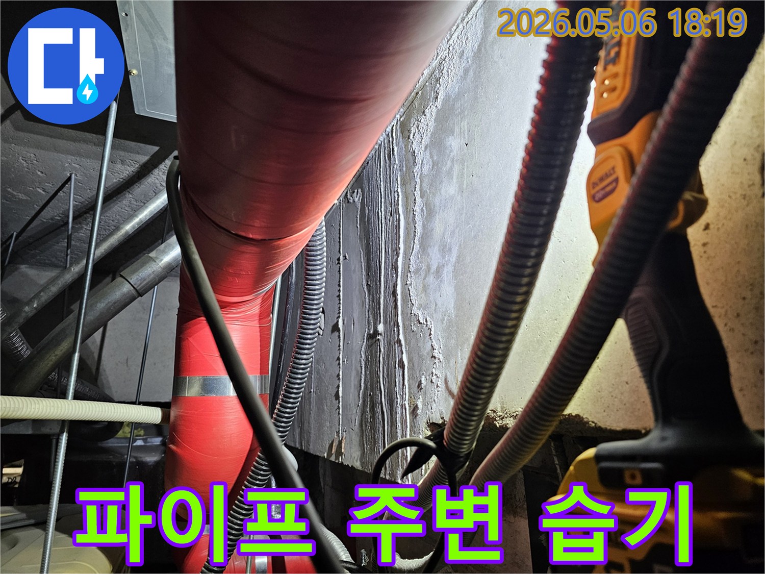 어두운 지하 공간에서-빨간색 단열 파이프와-그 주변-벽면에-나타난-습기 흔적을-집중적으로-점검하는-모습