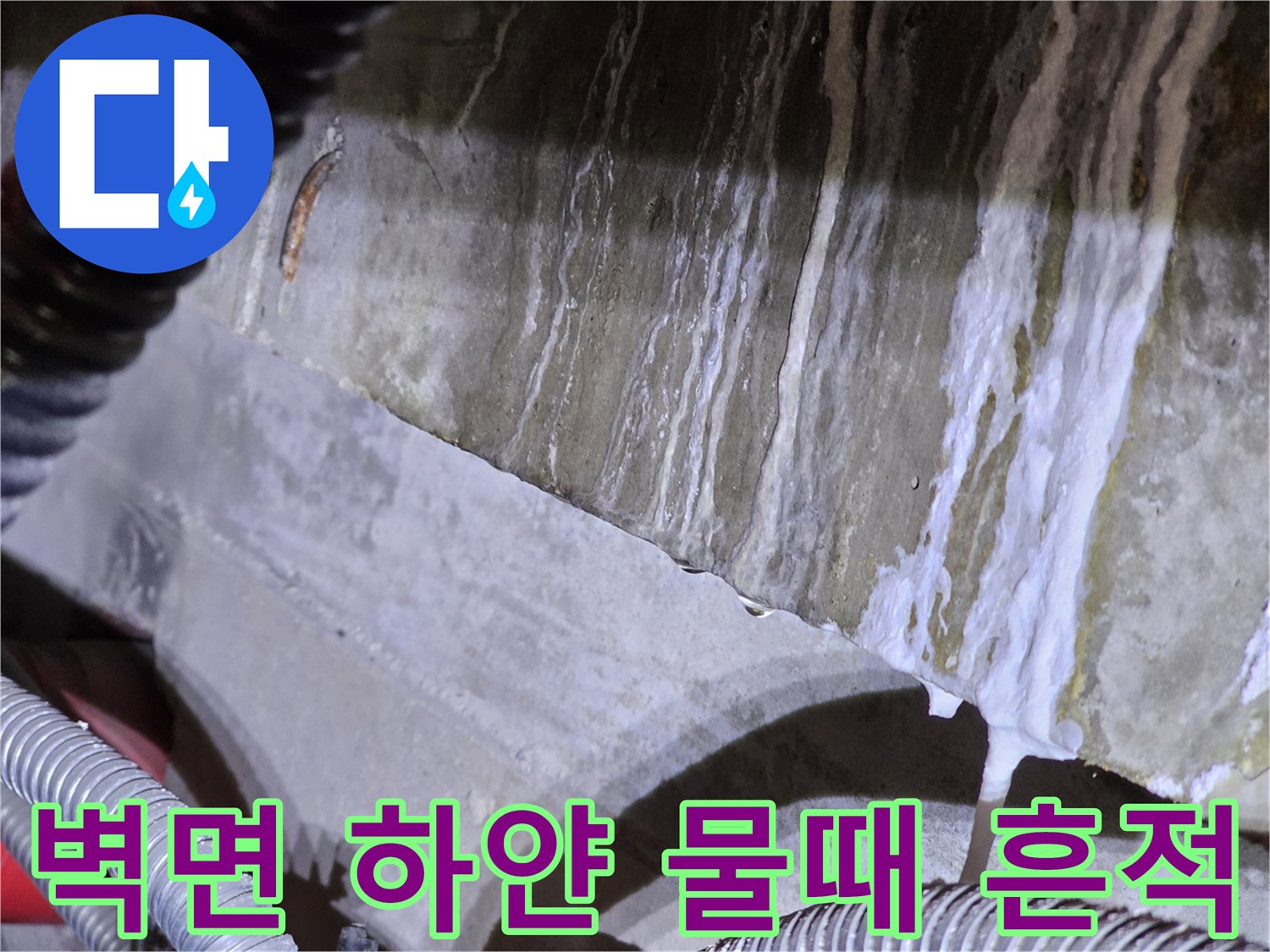 콘크리트 벽면을 타고 흘러내린 하얀색 백태와 누수 자국