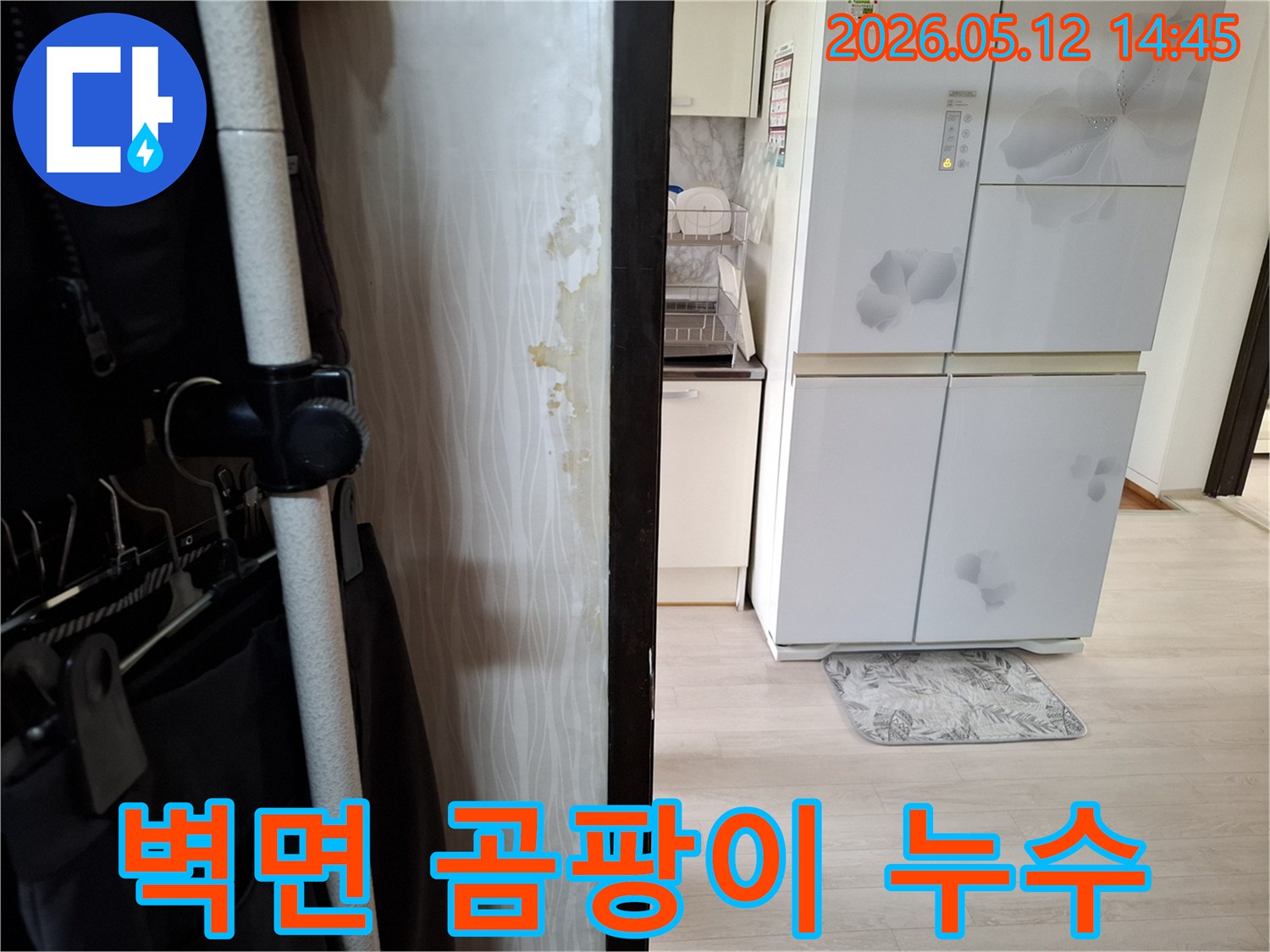 누수 탐지 전문가가-현장에서 촬영한 벽면의 물샘 증거 사진입니다.