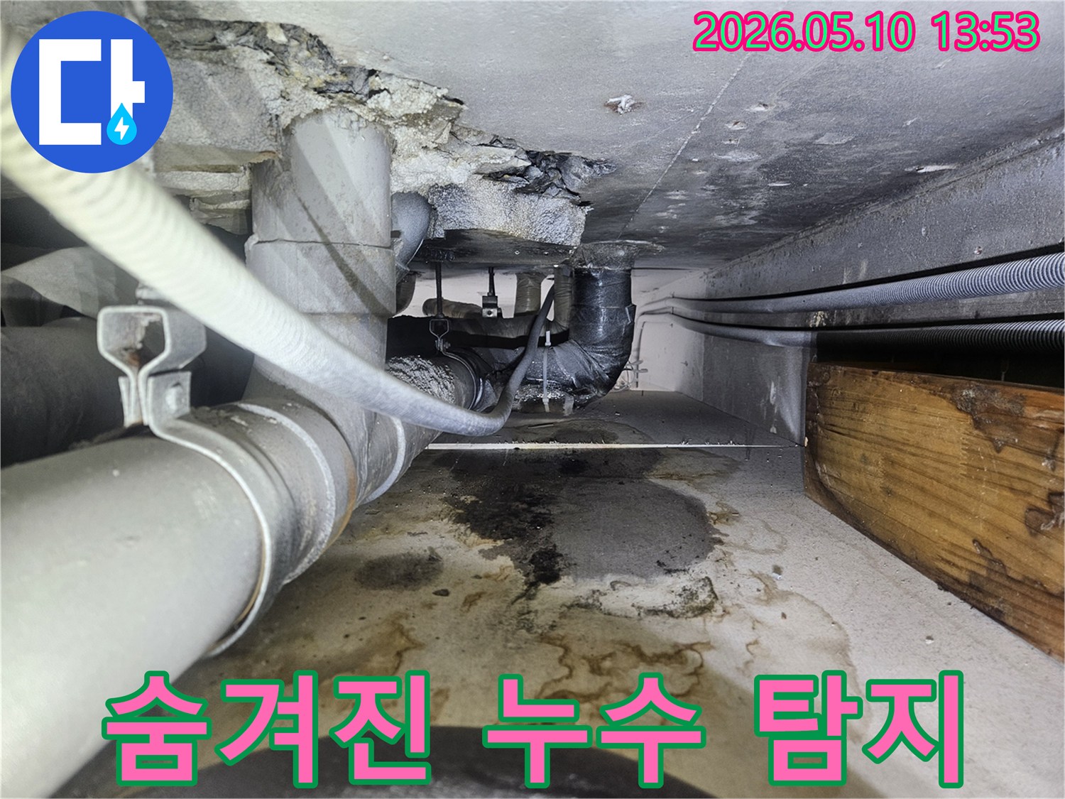 천장 배관 누수로-바닥에 물이 고인 현장에서-숨겨진 누수 지점까지-정확하게 찾아내는 모습