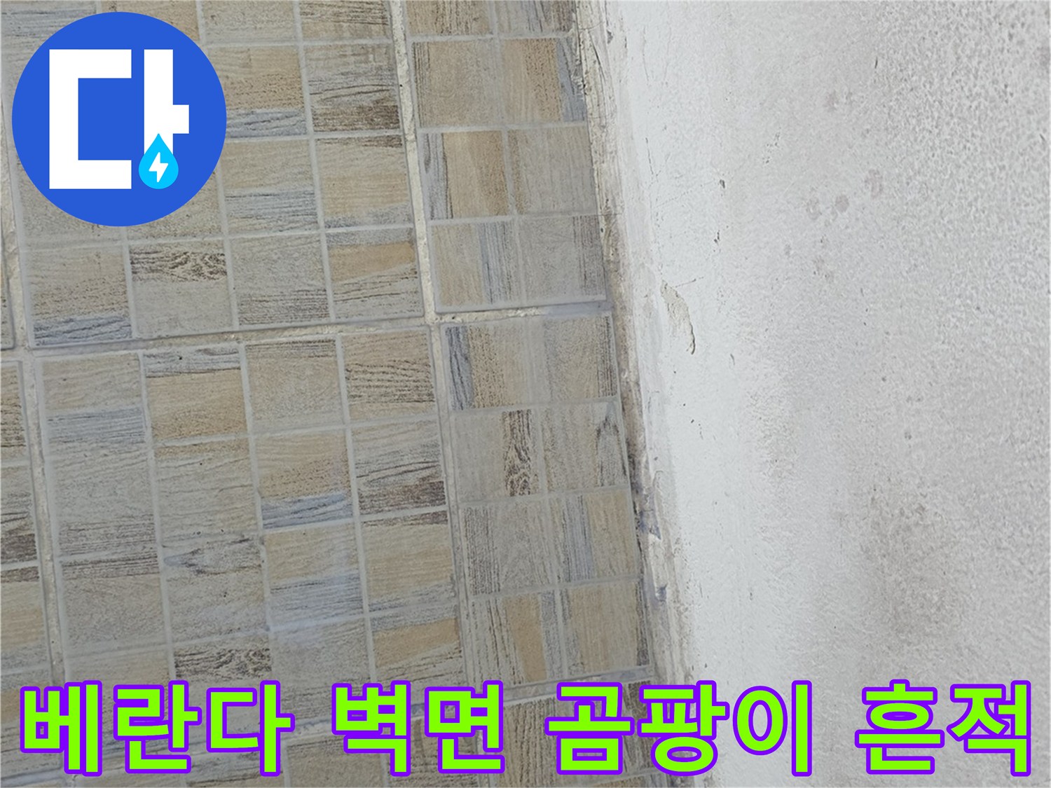 습기가 스며들어 곰팡이가 발생한 베란다 타일 상단 벽면